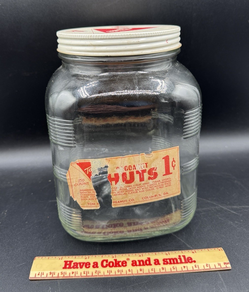 Vintage Tom's Peanuts Co. 1 CENT Cocoanut Huts Candy Jar With Lid & Paper Label Vintage Tom's Peanuts Co. 1 CENT Cocoanut Huts Candy Jar With Lid & Paper Label