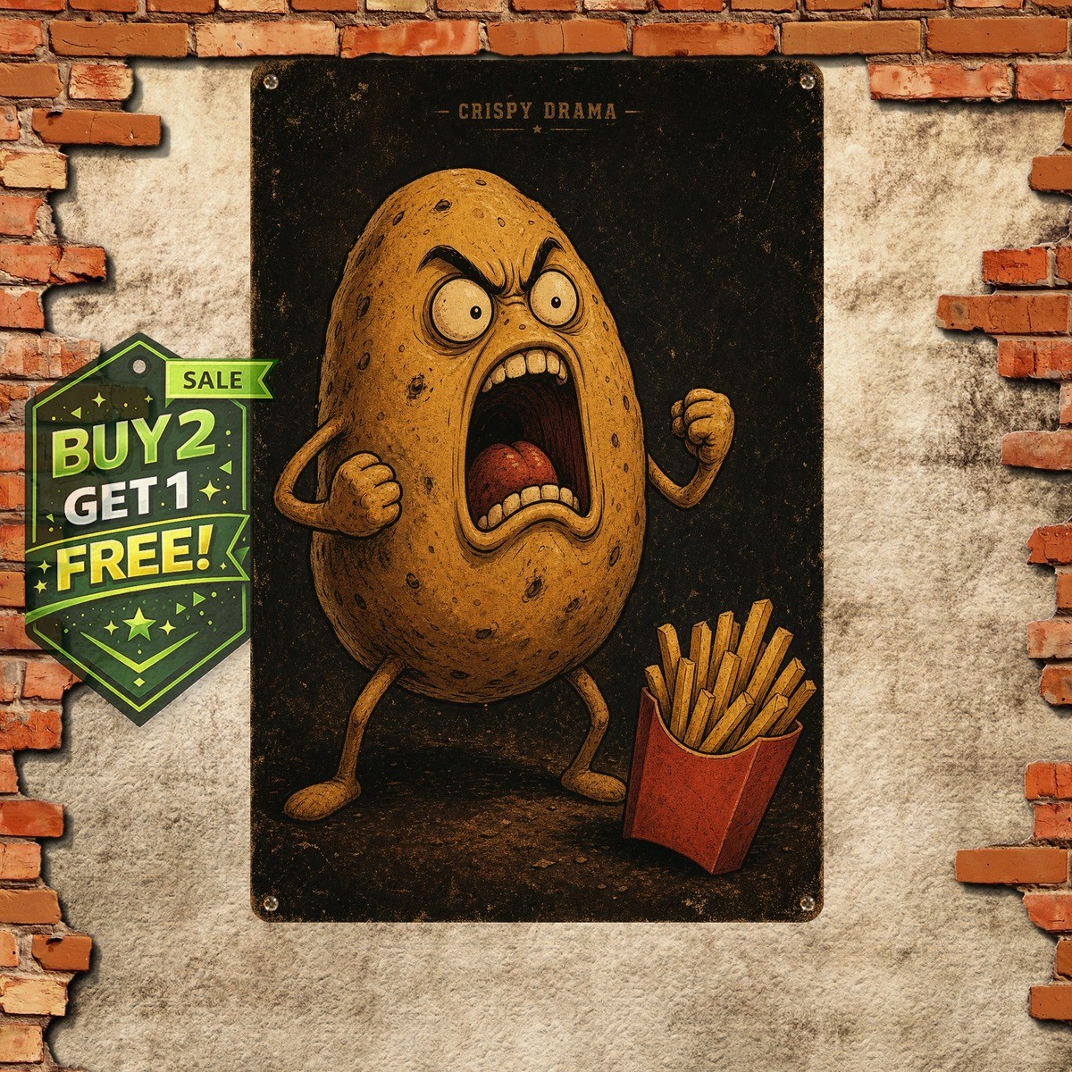 Funny Screaming Potato Tin Sign Anthropomorphic French Fry Character Wall Art