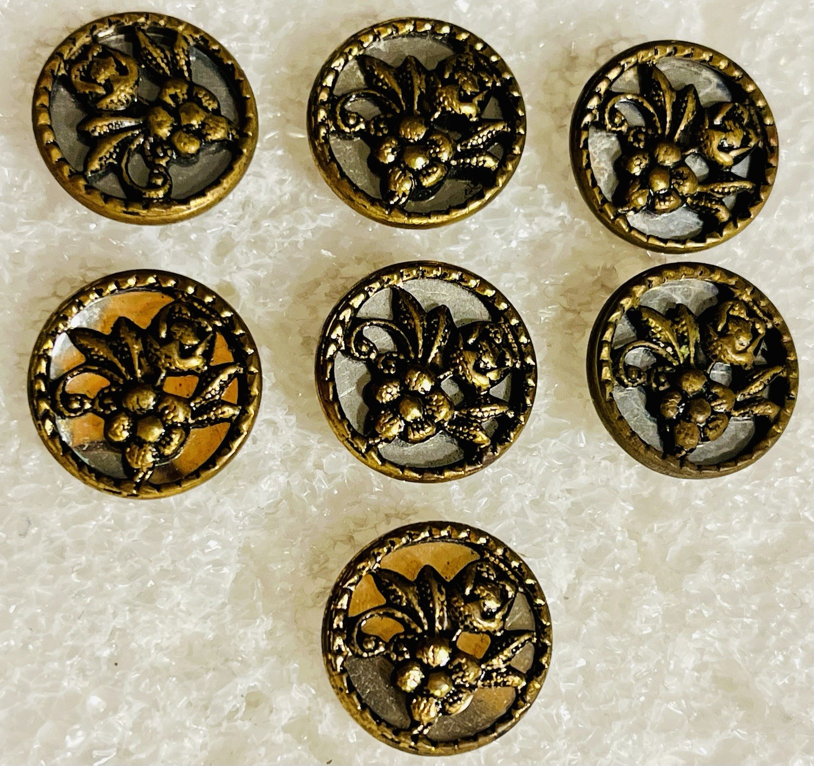 Set of 7 Vintage Estate Victorian Floral Cut-Out Buttons w Reflective Background