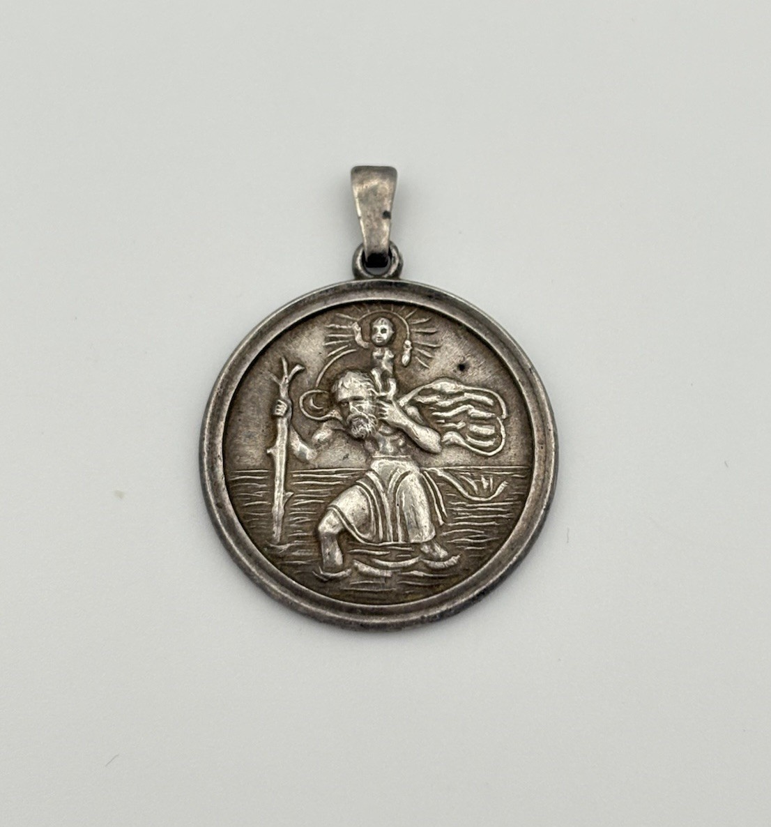 Vintage Silver Saint St. Christopher Medal Pendant Protect Us Religious 1.14 in Vintage Silver Saint St. Christopher Medal Pendant Protect Us Religious 1.14 in