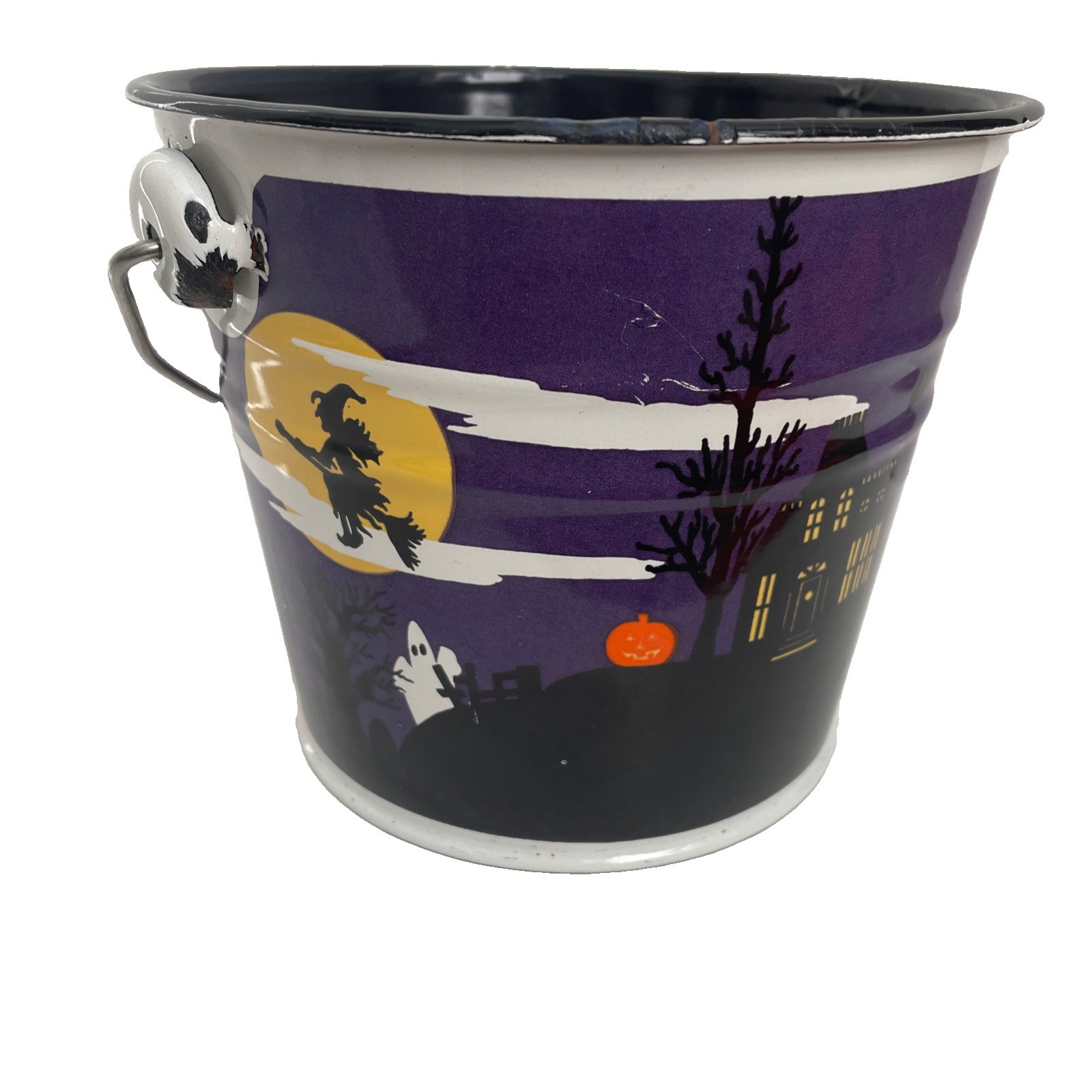 Vintage  Halloween Tin Candy Bucket Pail Witch Haunted House Jack O Lantern