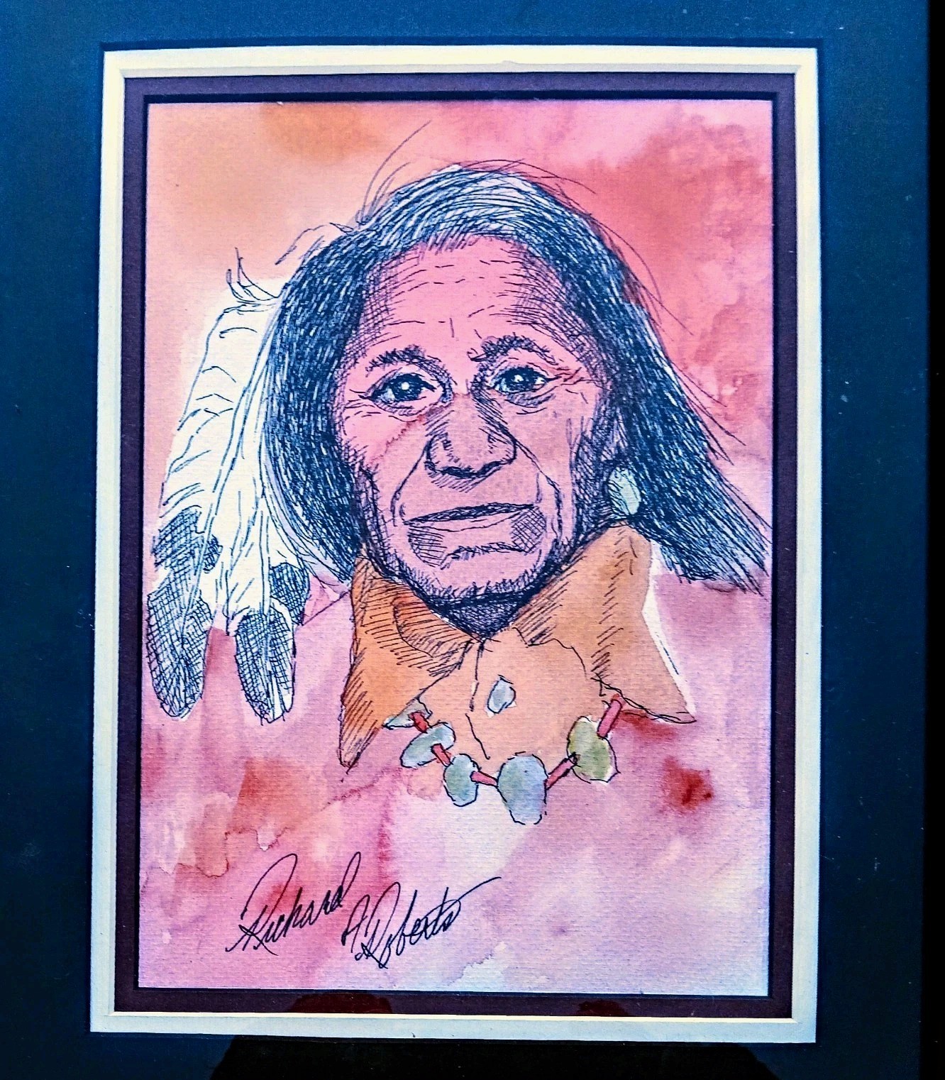Original Watercolor Sketch Native American Framed and Signed by Artist Original Watercolor Sketch Native American Framed and Signed by Artist