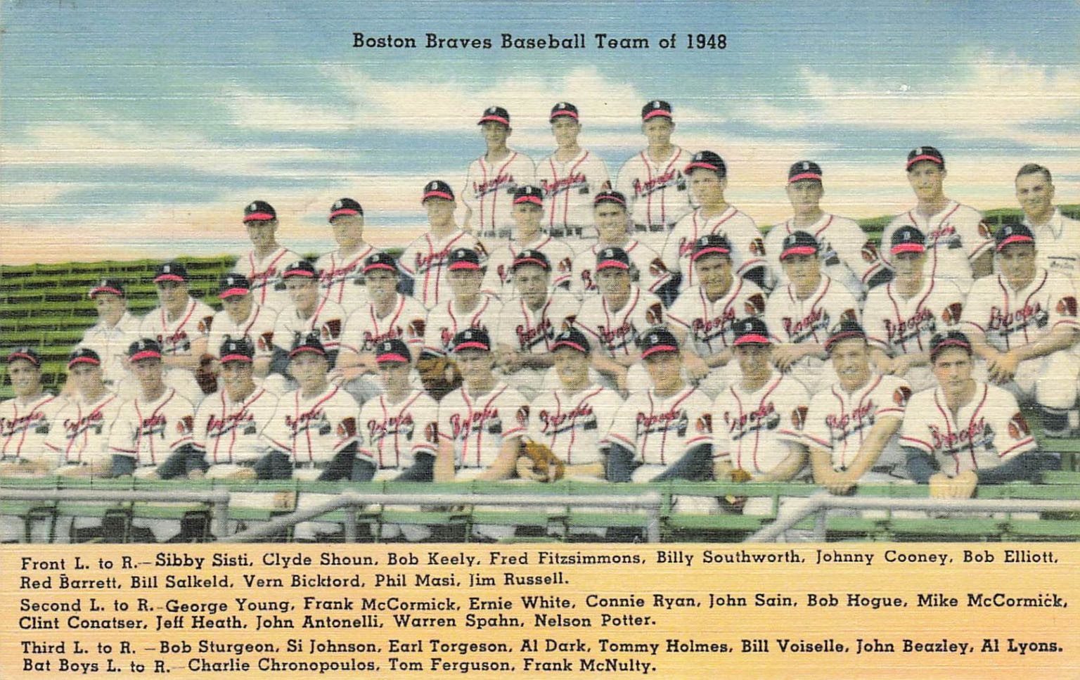 1948 Boston Braves Baseball Team Linen Postcard Tichnor Spahn Sain Advertising 1948 Boston Braves Baseball Team Linen Postcard Tichnor Spahn Sain Advertising