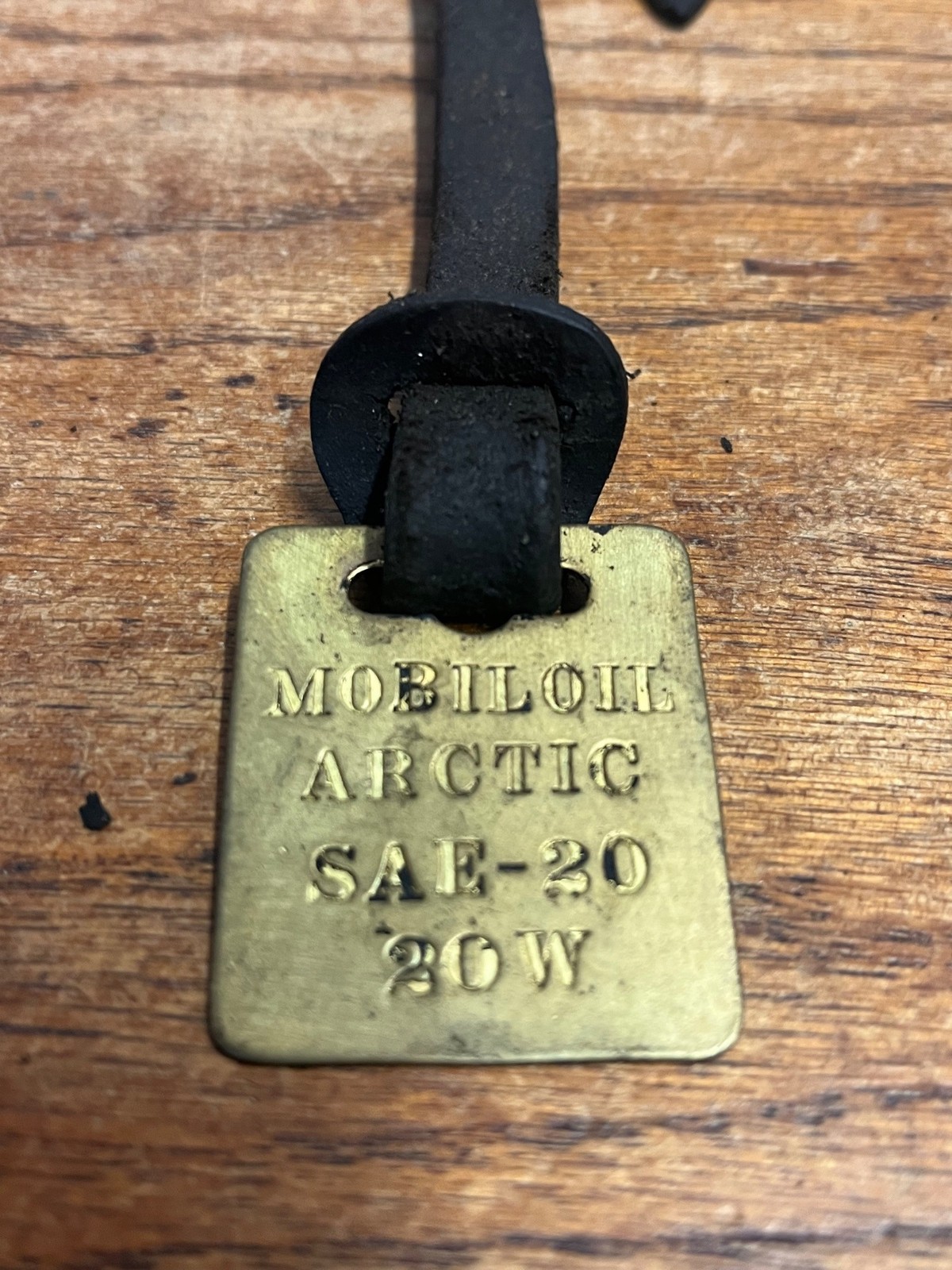 Vintage Mobiloil Arctic Brass Tag Bulk Oil Sign 1920s Leather Strap Mobil