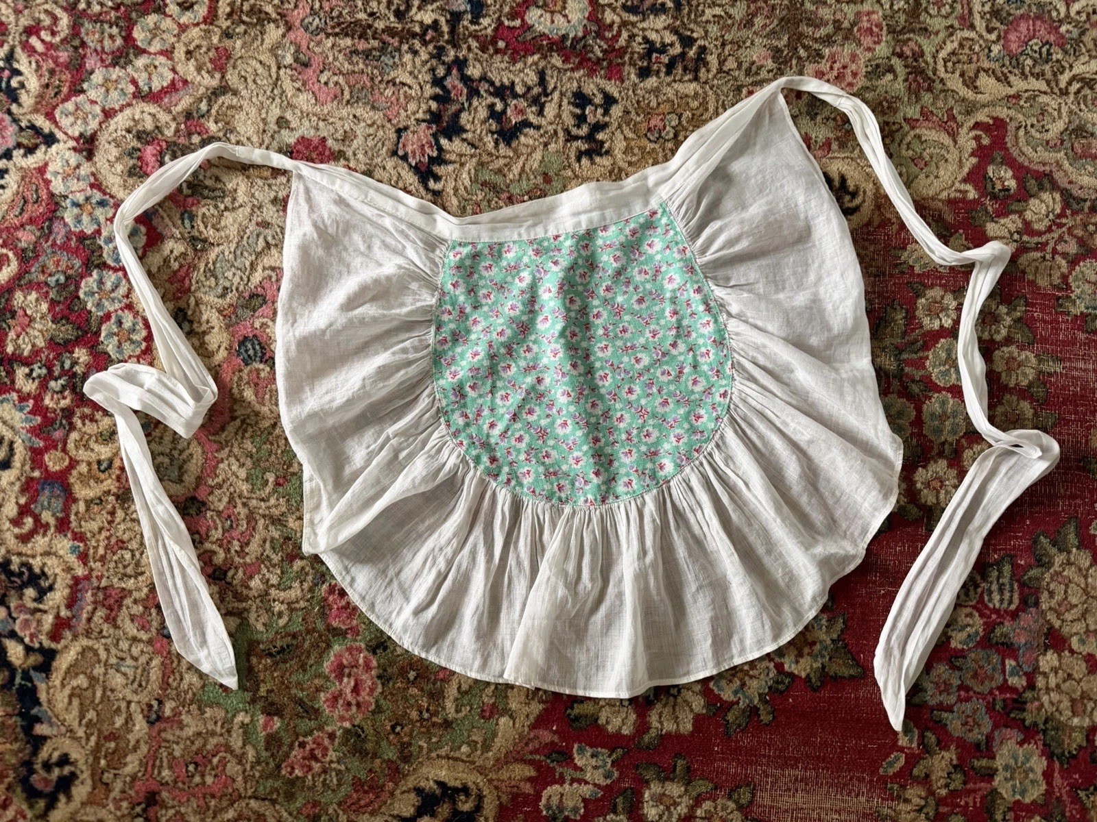 Vintage 1940’s Aqua Floral Print Apron Fine Cotton