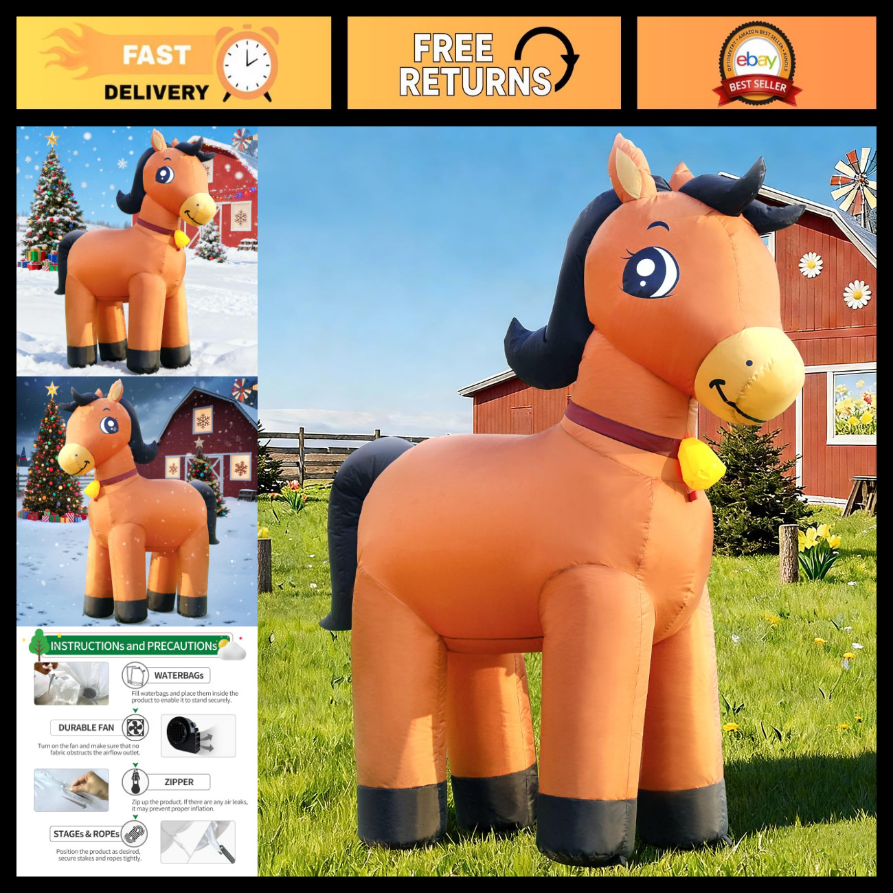 6FT Inflatable Horse Christmas Decor - Cute Clydesdale Yard Decoration with LED 6FT Inflatable Horse Christmas Decor - Cute Clydesdale Yard Decoration with LED