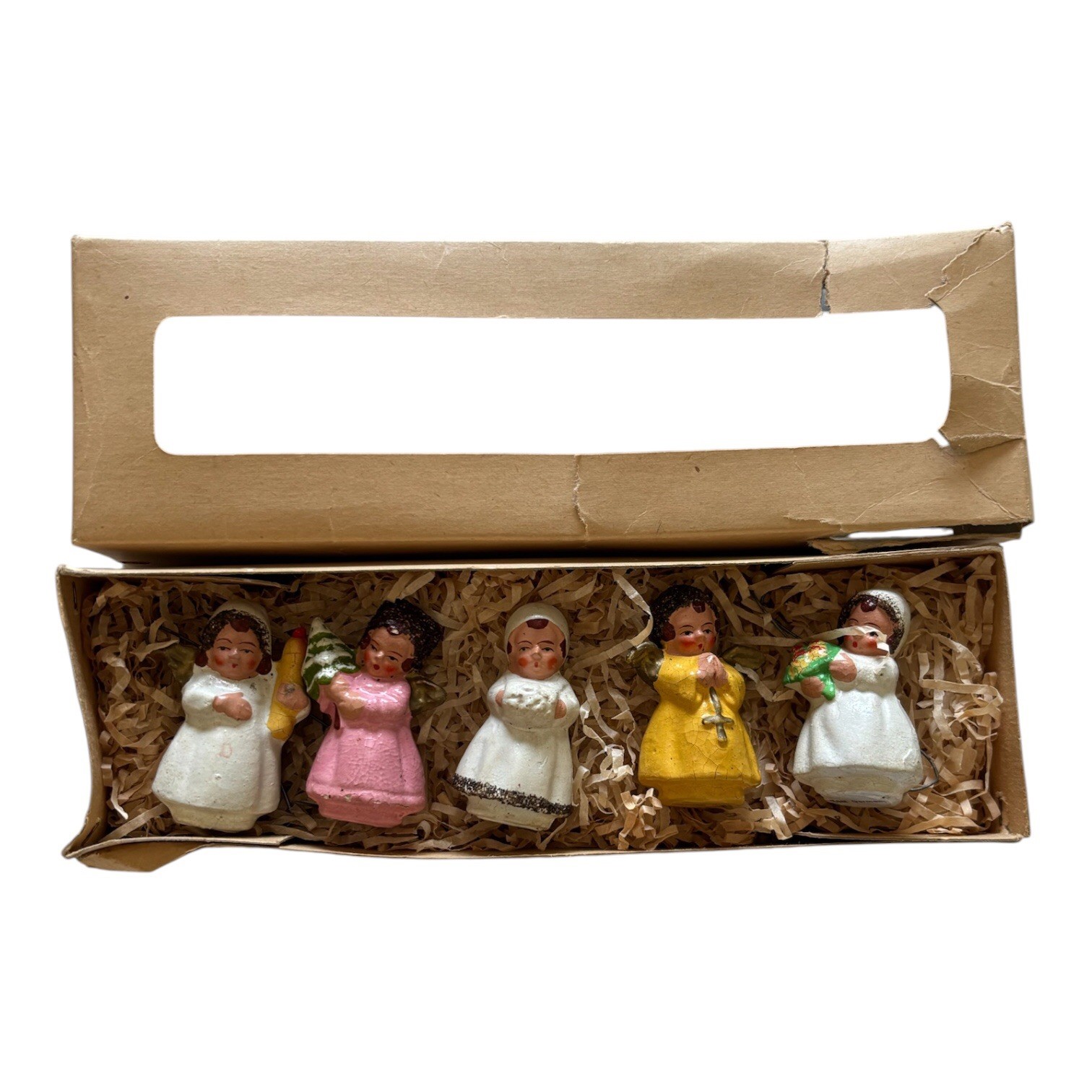 5 VTG Angels Girls West Germany 1940s Composite Ornaments W/Box 5 VTG Angels Girls West Germany 1940s Composite Ornaments W/Box