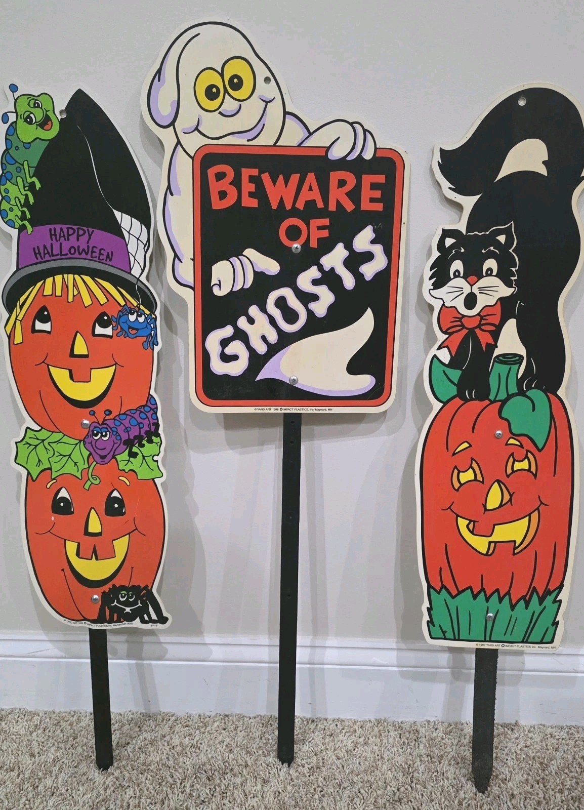 3 VTG 90s Halloween Impact Plastic Signs Yard Art Beware Of Ghost Black Cat Jack 3 VTG 90s Halloween Impact Plastic Signs Yard Art Beware Of Ghost Black Cat Jack