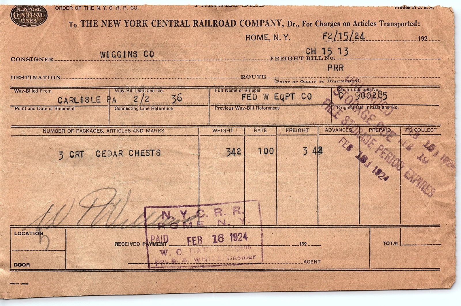 1924 NYC RR freight bill: Cedar Chests, Rome NY to Carlisle 1924 NYC RR freight bill: Cedar Chests, Rome NY to Carlisle
