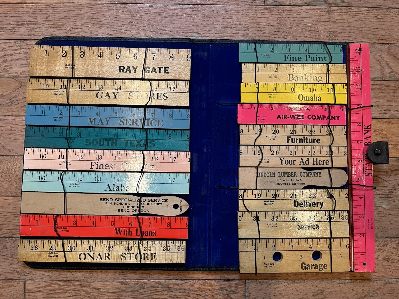 Vintage Gold Bond Salesman Sample Wood Rulers in Gold Bond Binder