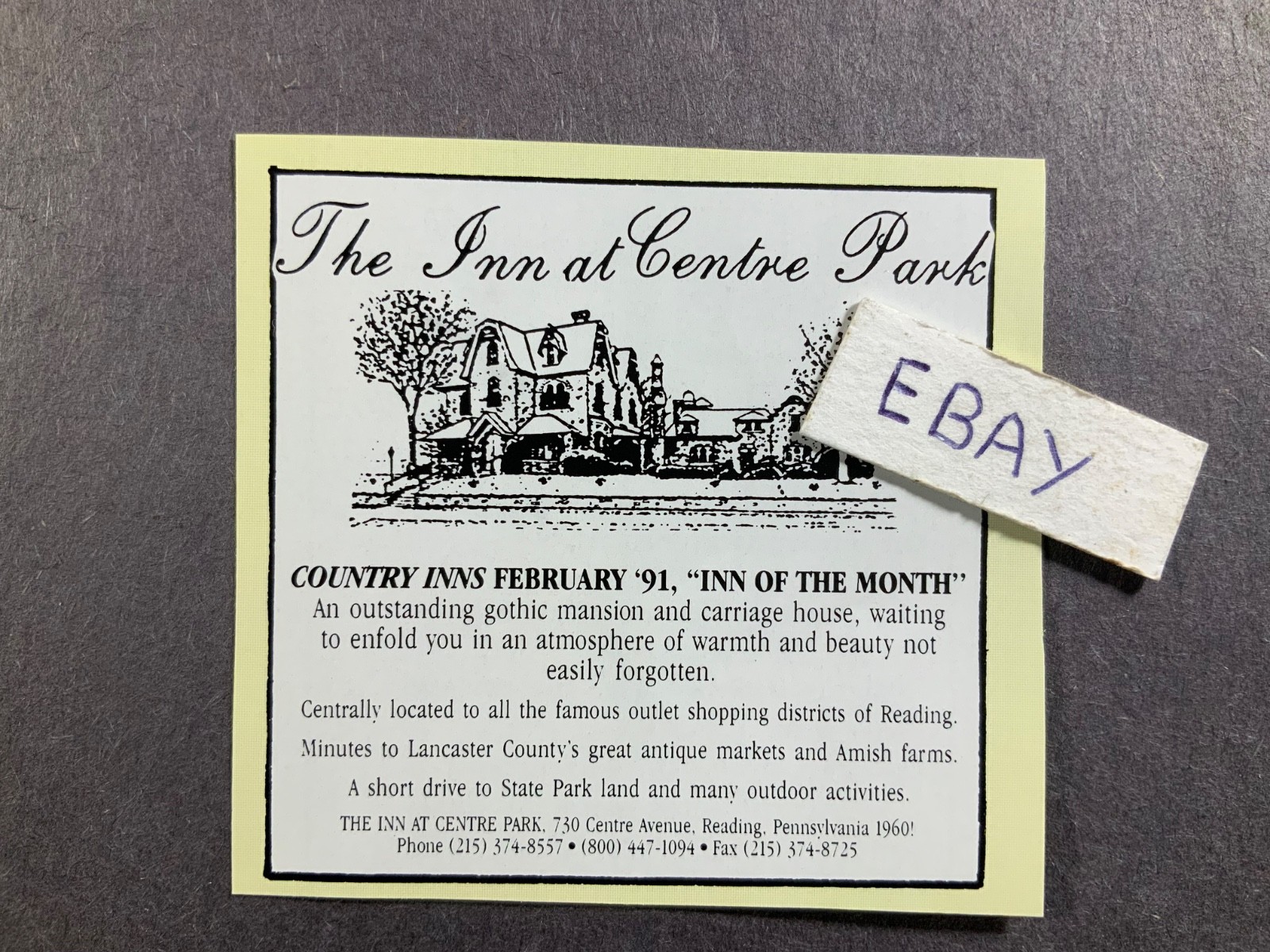 1992 Print Ad. The Inn at Centre Park. Reading, Pennslyvania. Gothic Mansion 1992 Print Ad. The Inn at Centre Park. Reading, Pennslyvania. Gothic Mansion