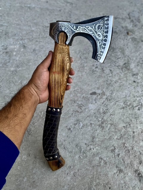 Custom Handmade Carbon Steel Bearded Axe With Leather Rapping Ash Wood Handle Custom Handmade Carbon Steel Bearded Axe With Leather Rapping Ash Wood Handle