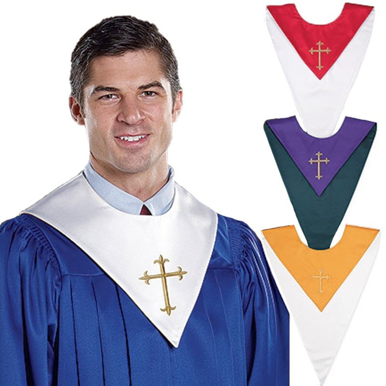 White & Gold Poly Satin Reversible Choir Church Stole With Cross Design White & Gold Poly Satin Reversible Choir Church Stole With Cross Design