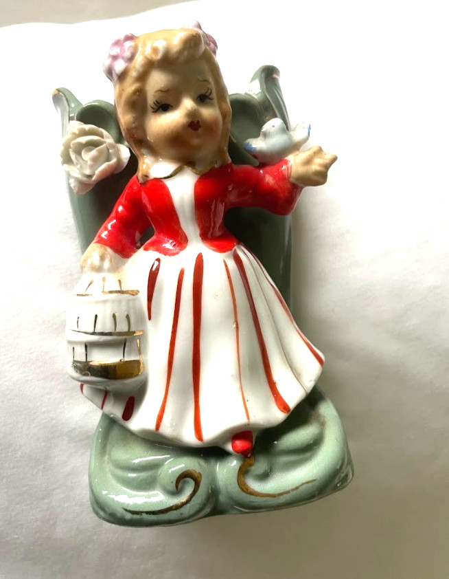 Figural vase Vtg Girl red stripe Dress blue bird w/cage ANTIQUE Planter 4.5 Figural vase Vtg Girl red stripe Dress blue bird w/cage ANTIQUE Planter 4.5