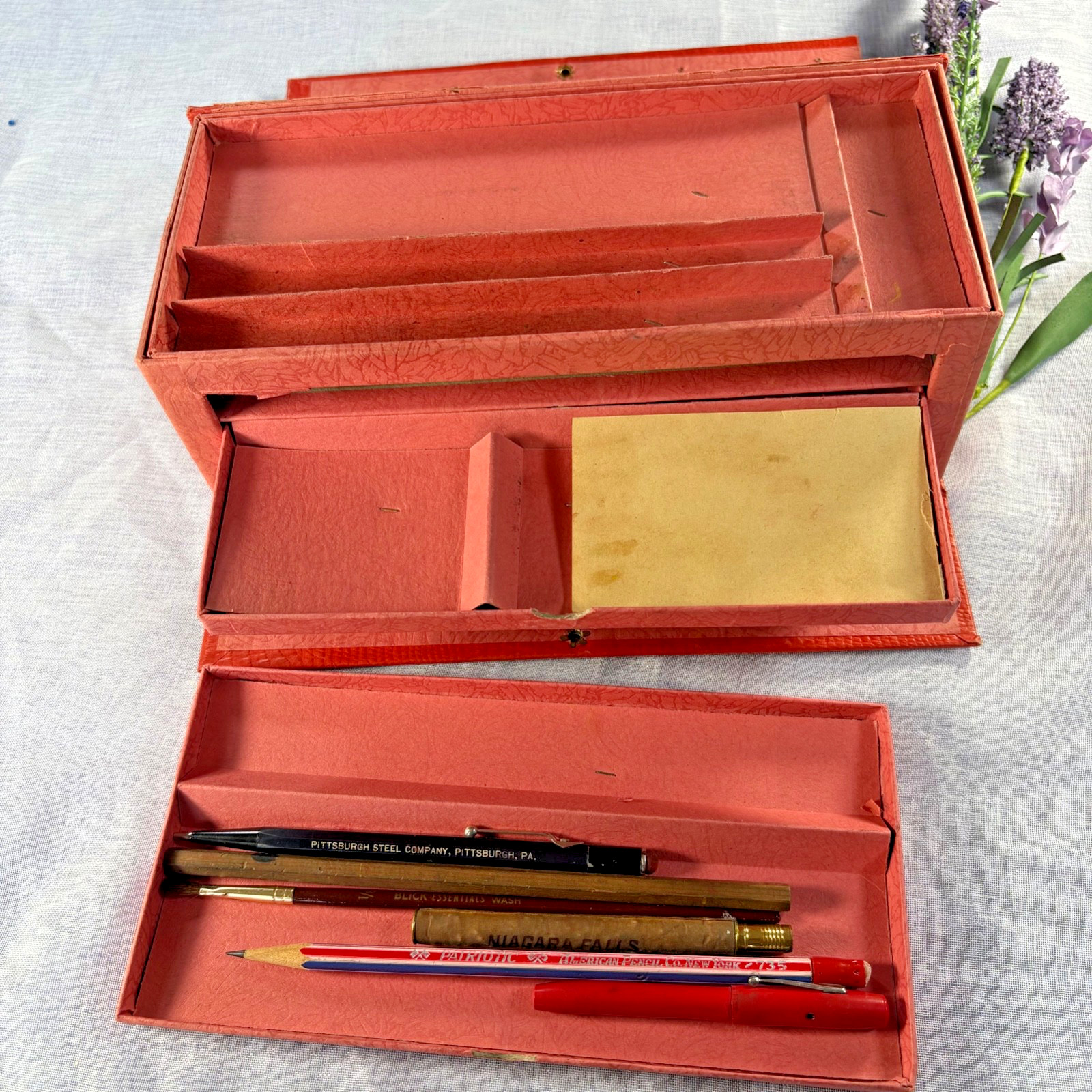 Vtg Red Pencil Box Writing Case Retro Desk Organizer Red Alligator Design w Pens