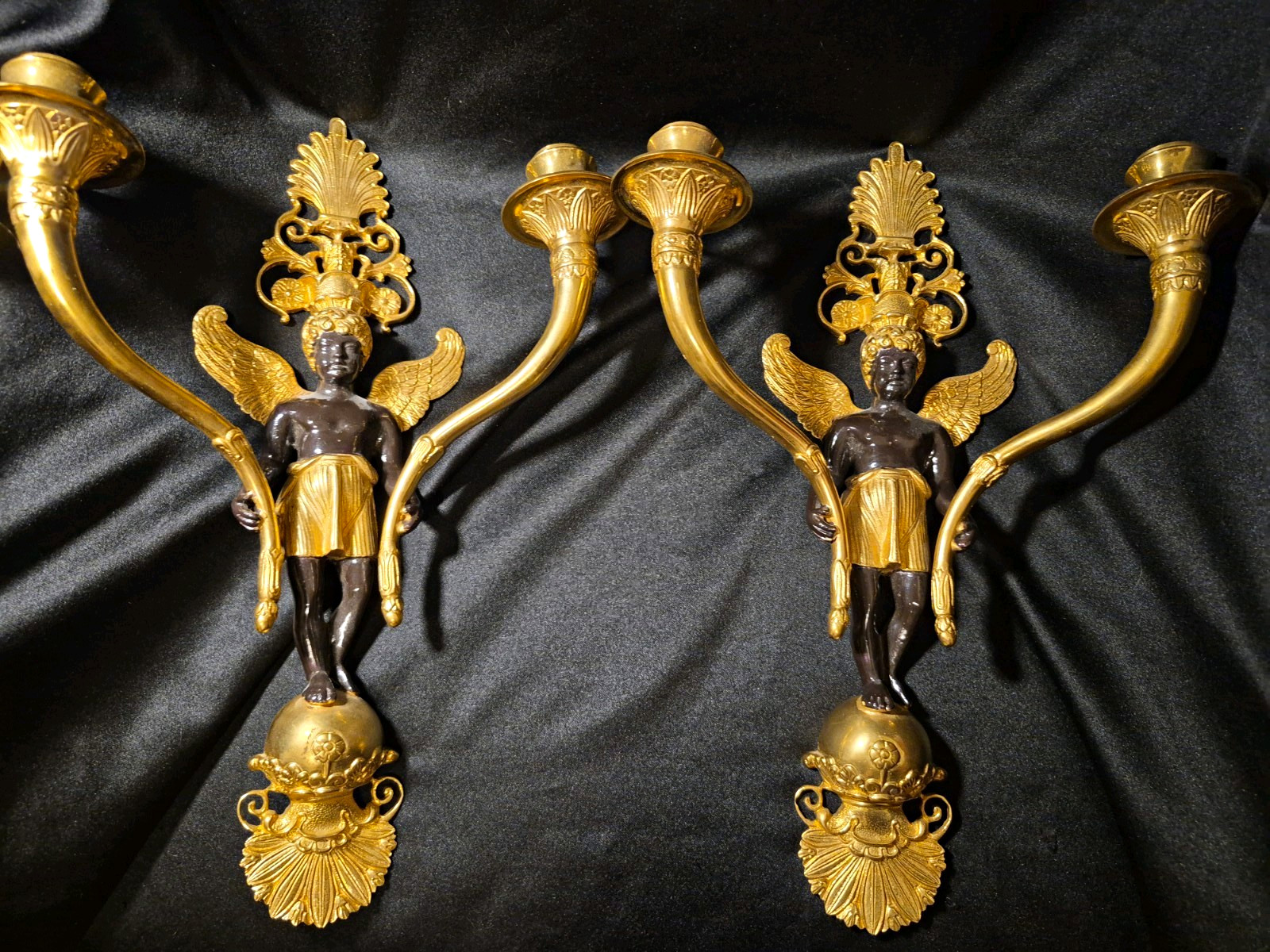 Pair Vintage Figural Bronze Wall Sconces French Empire Style Blackamoor Nubian 2