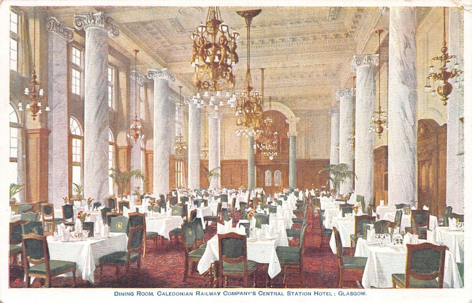 Dining Room, Central Station Hotel, Glasgow, Scotland, early postcard, unused