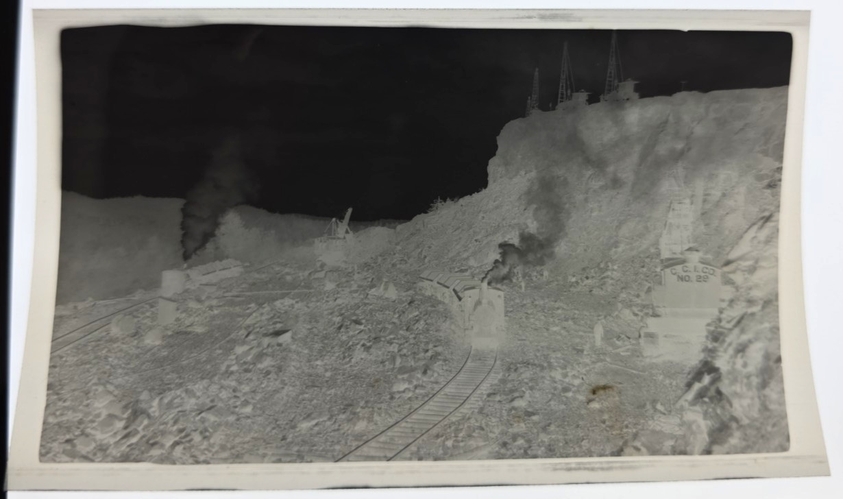 C. 1940s Cleveland Cliffs Iron Co Pit Scene Railroad Photo Negative C. 1940s Cleveland Cliffs Iron Co Pit Scene Railroad Photo Negative
