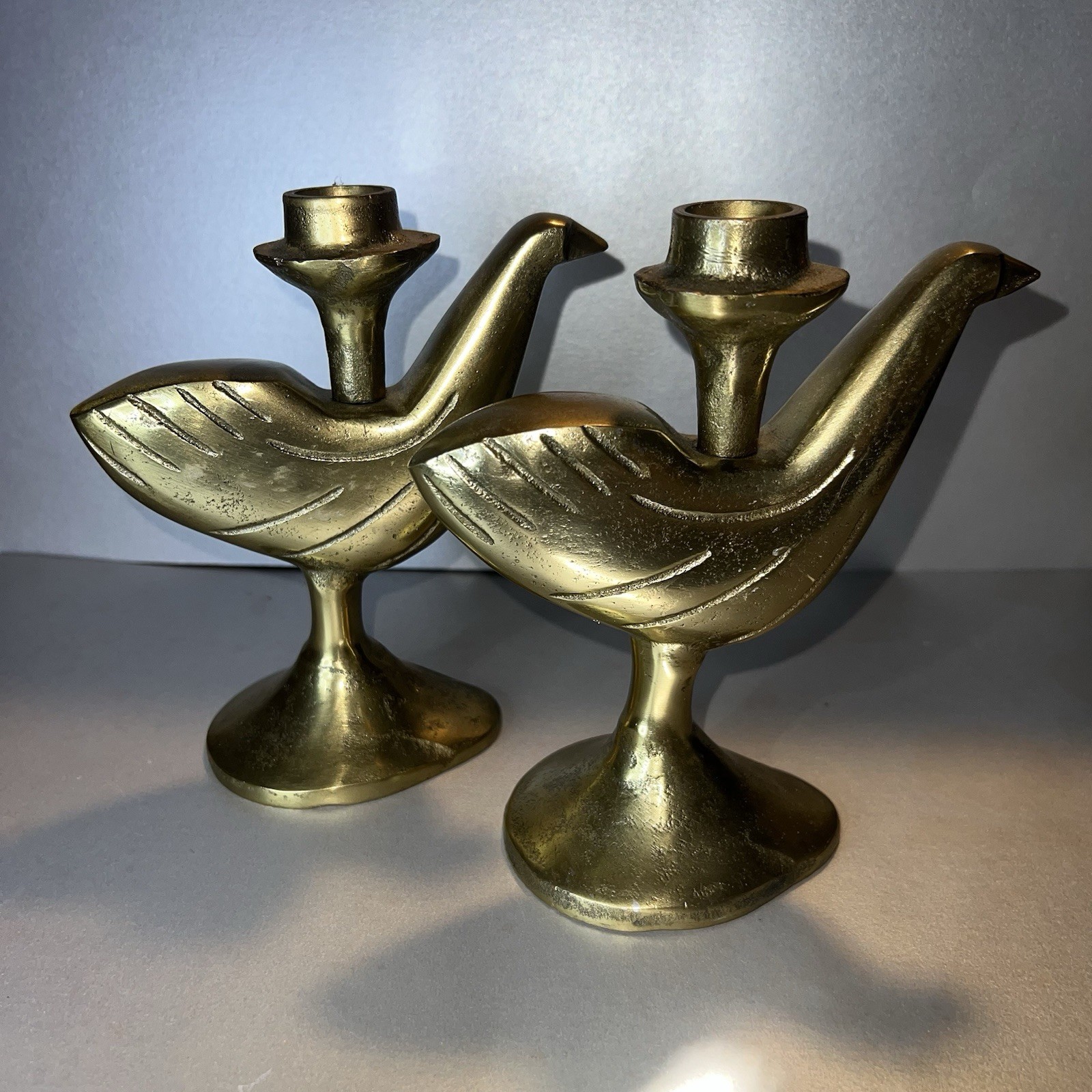 Pair Nate Berkus Dove Taper Candle Holders Gold Brass Bird Mid Century Boho MCM