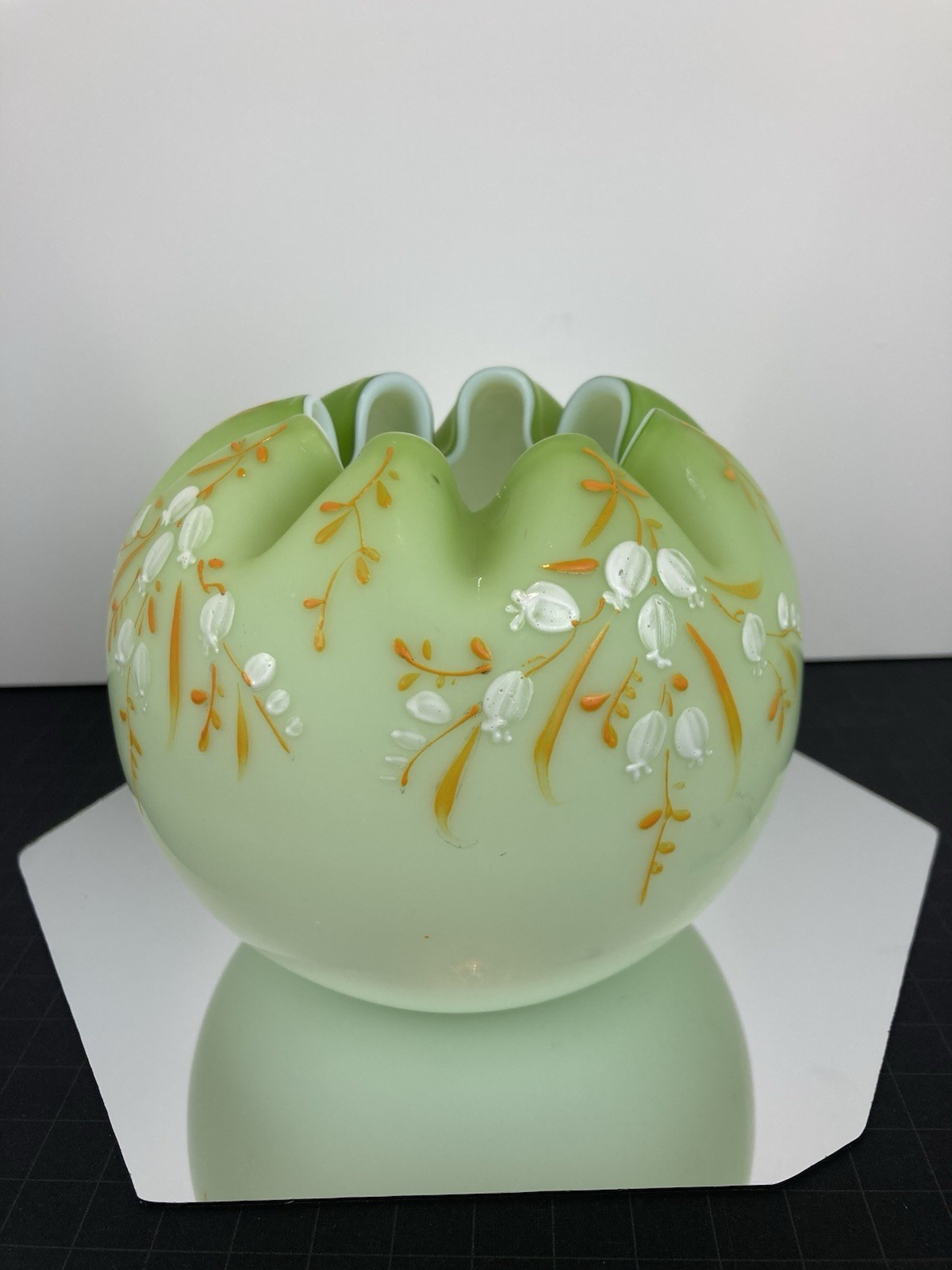 Nice Antique Light To Medium Green Victorian Satin Rose Bowl W/Enameled Flowers Nice Antique Light To Medium Green Victorian Satin Rose Bowl W/Enameled Flowers