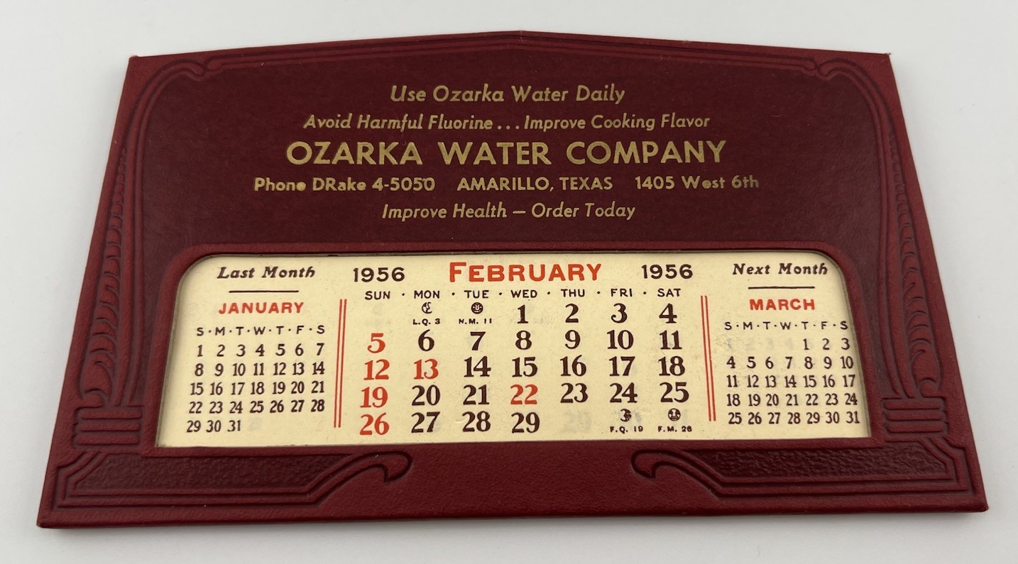 Vintage 1956 Ozarka Water Company Amarillo, Texas Avoid Fluoride Ad Calendar Vintage 1956 Ozarka Water Company Amarillo, Texas Avoid Fluoride Ad Calendar