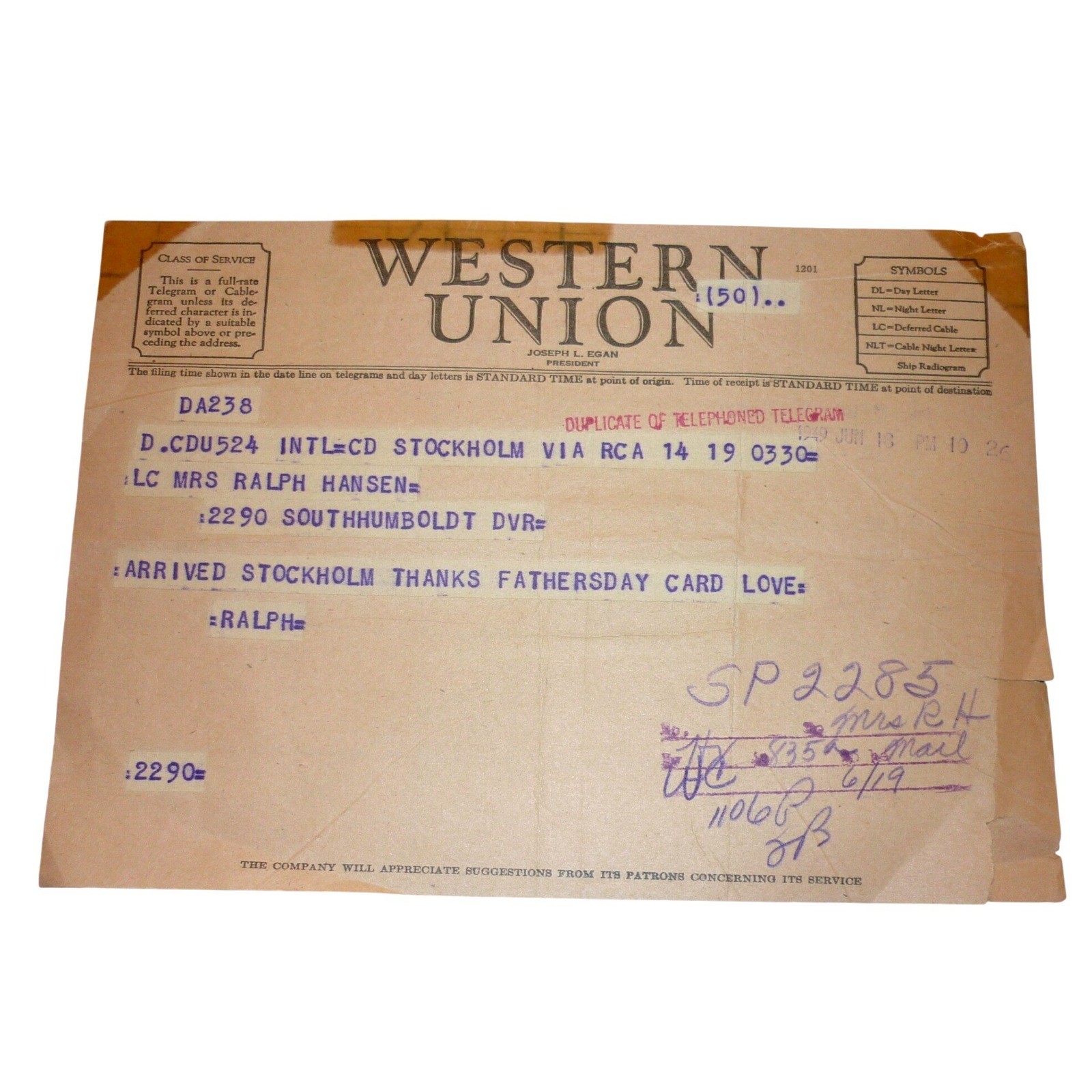 Vintage 1949 Western Union Telegram Stockholm to Denver Fathers Day Ephemera Vintage 1949 Western Union Telegram Stockholm to Denver Fathers Day Ephemera
