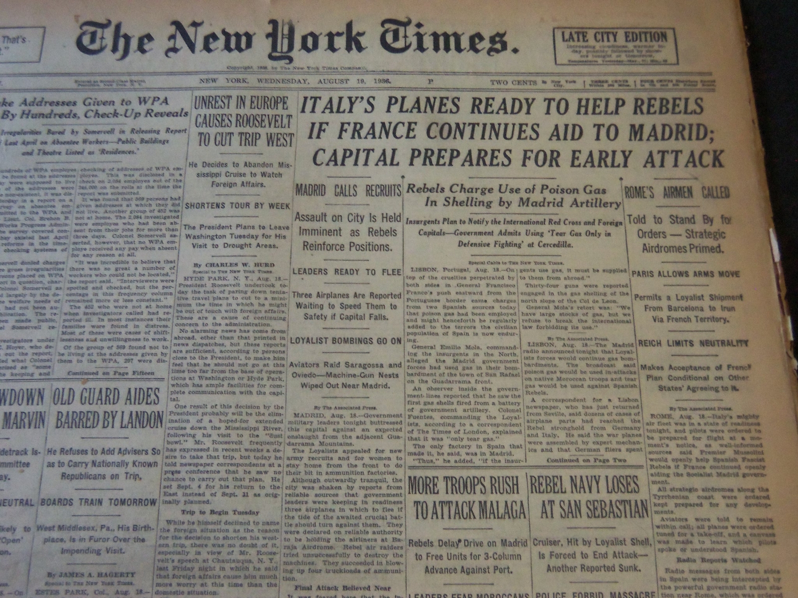 1936 AUGUST 19 NEW YORK TIMES - ITALY'S PLANES READY TO HELP REBELS - NT 6721 1936 AUGUST 19 NEW YORK TIMES - ITALY'S PLANES READY TO HELP REBELS - NT 6721