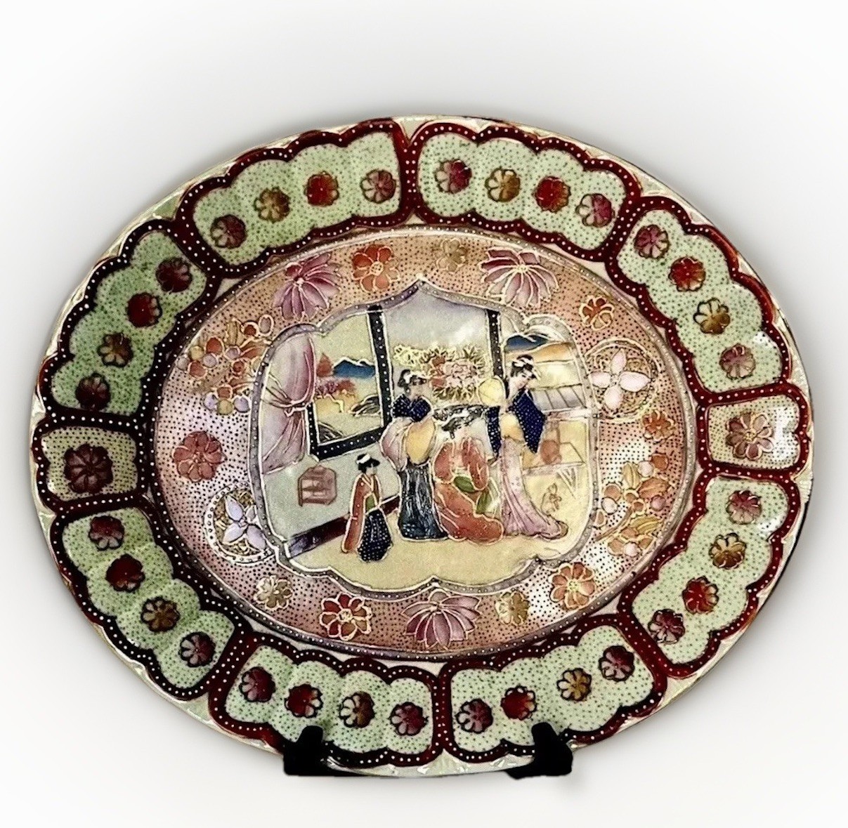 Vintage Japanese Satsuma Moriage Geisha Oval Platter Hand Painted 16”