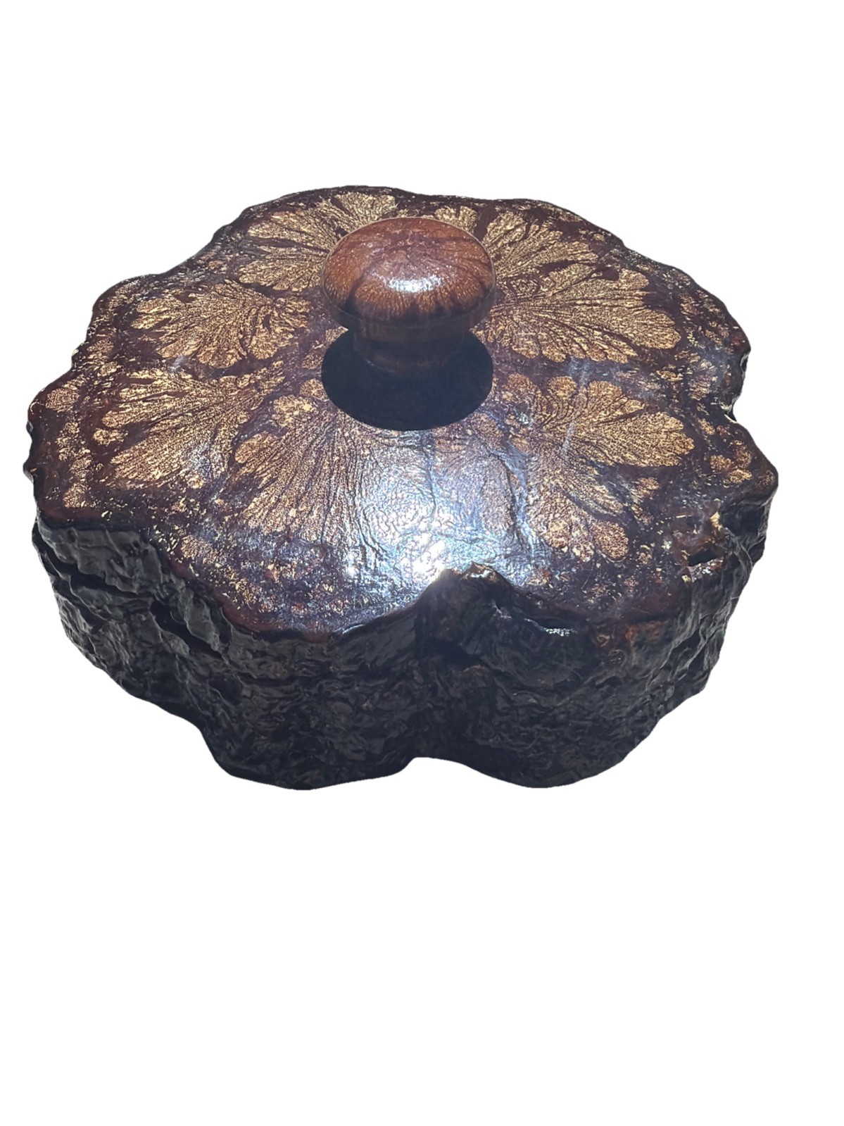 Vintage RARE 2 Piece Lacquered Chrysanthemum Wood Lidded Box W/ Stickers Taiwan