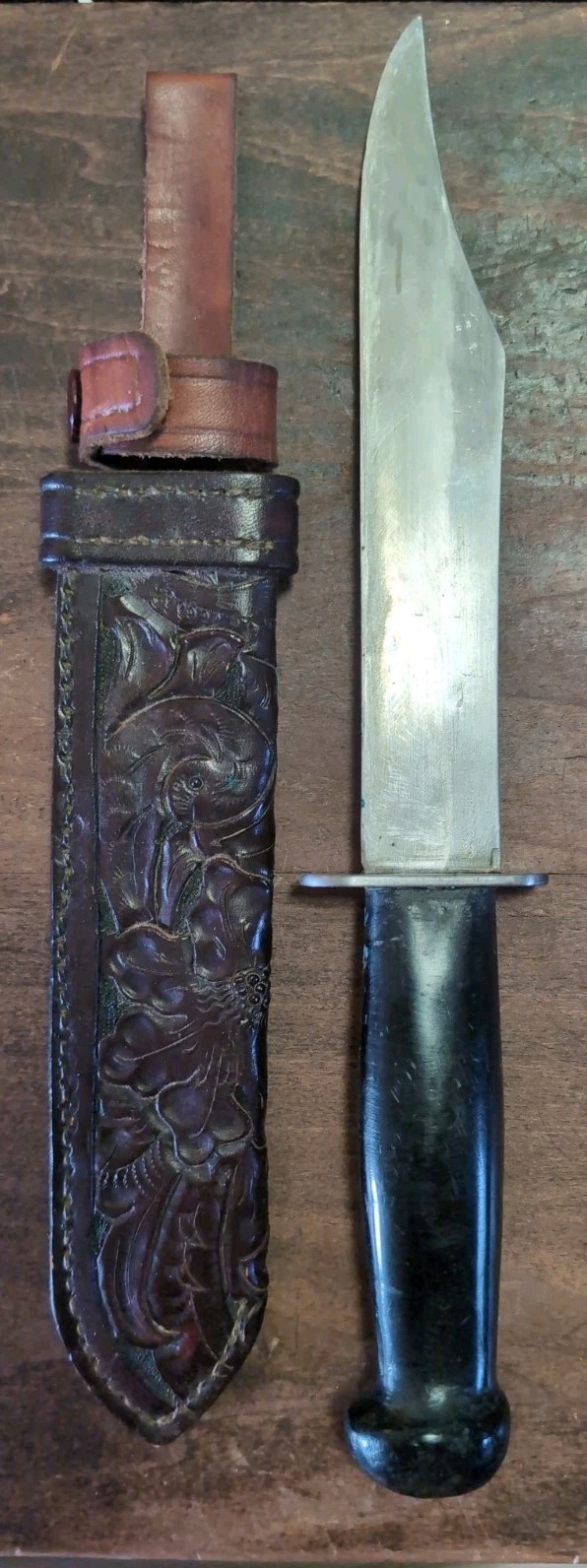 Vintage Fixed Blade Hunting Knife Clip Point Hand Tooled Floral Leather Sheath