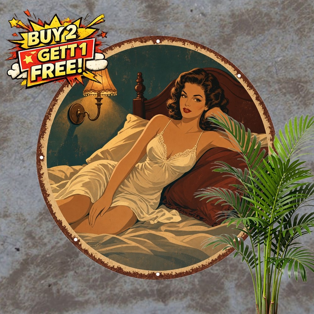 Pinup Girl Vintage Beauty Style Retro Round Metal Tin Sign Wall Decor 8x8