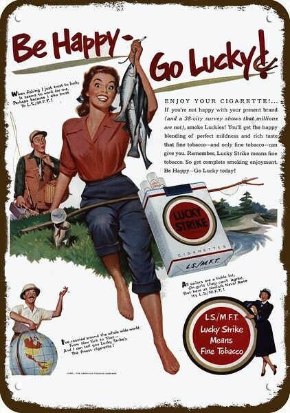 1951 LUCKY STRIKE CIGARETTE & Woman Fly Fishing Vintage Look REPLICA METAL SIGN 1951 LUCKY STRIKE CIGARETTE & Woman Fly Fishing Vintage Look REPLICA METAL SIGN