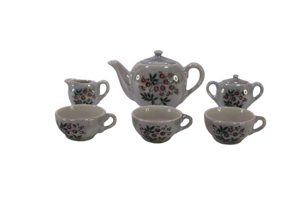 VTG Mini Set of 6 White Floral Tea Pot Creamer Sugar Bowl & 3 Cups Made in Japan VTG Mini Set of 6 White Floral Tea Pot Creamer Sugar Bowl & 3 Cups Made in Japan