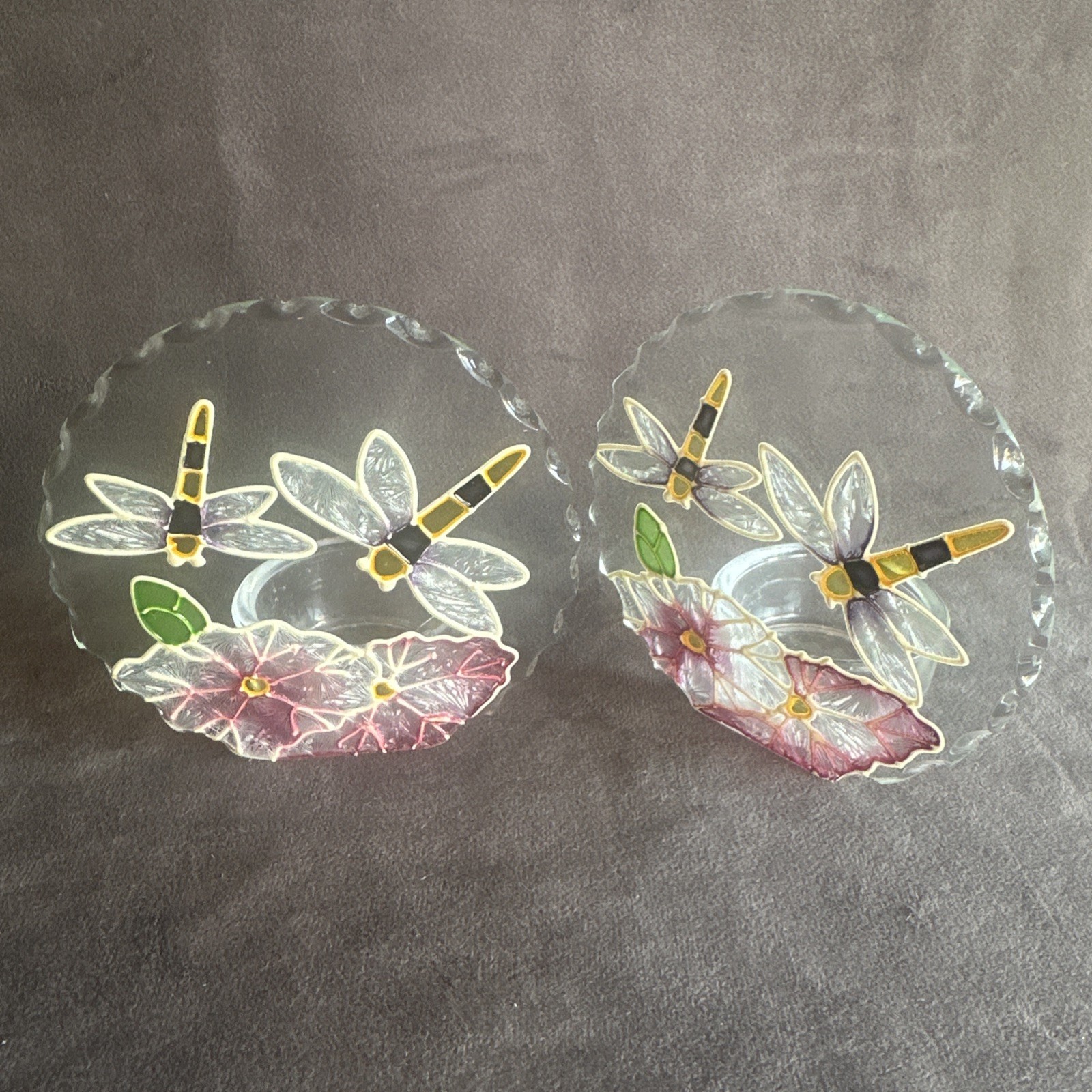 Vintage Stained Glass Dragonfly Tea Light Candle Holders Set of 2 Votive 4