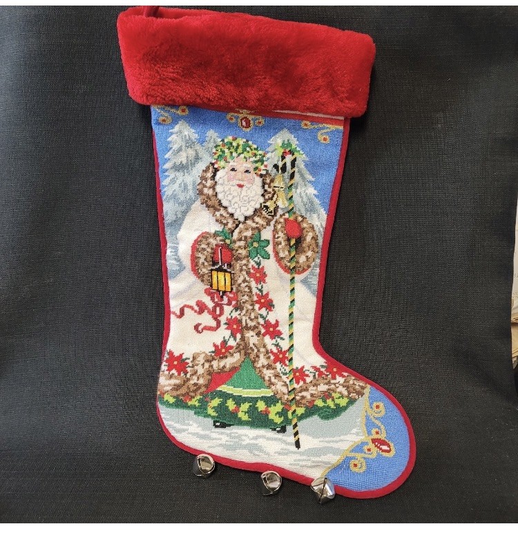 Vintage Large Hand Worked Needlepoint Santa Christmas Stocking W Jingle Bells Vintage Large Hand Worked Needlepoint Santa Christmas Stocking W Jingle Bells