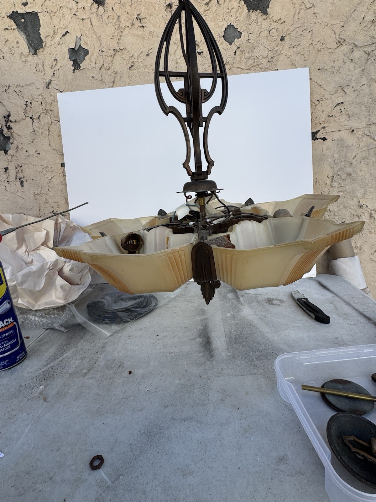 1930s Solid Bronze Art Deco 5 Light Slip Shade Hanging Fixture Read Description 1930s Solid Bronze Art Deco 5 Light Slip Shade Hanging Fixture Read Description