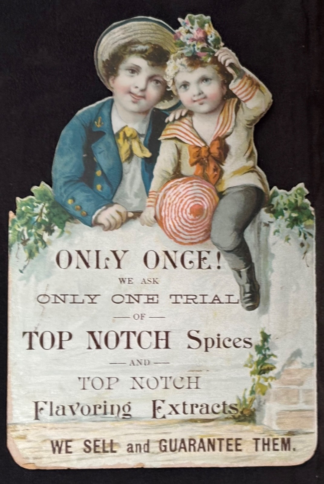 TOP NOTCH SPICES DIE CUT TWO SIDES COLOR TRADE CARD~CHILDREN CLIMB OVER FENCE TOP NOTCH SPICES DIE CUT TWO SIDES COLOR TRADE CARD~CHILDREN CLIMB OVER FENCE