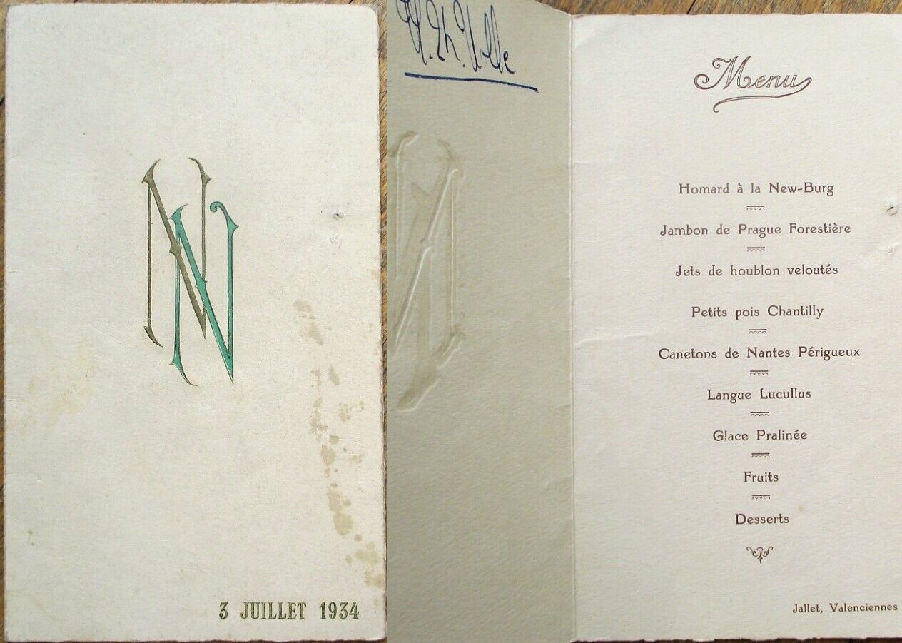 Menu: 1934 French w/Monogram \'NN\' Cover - Jallet, Valenciennes - Embossed