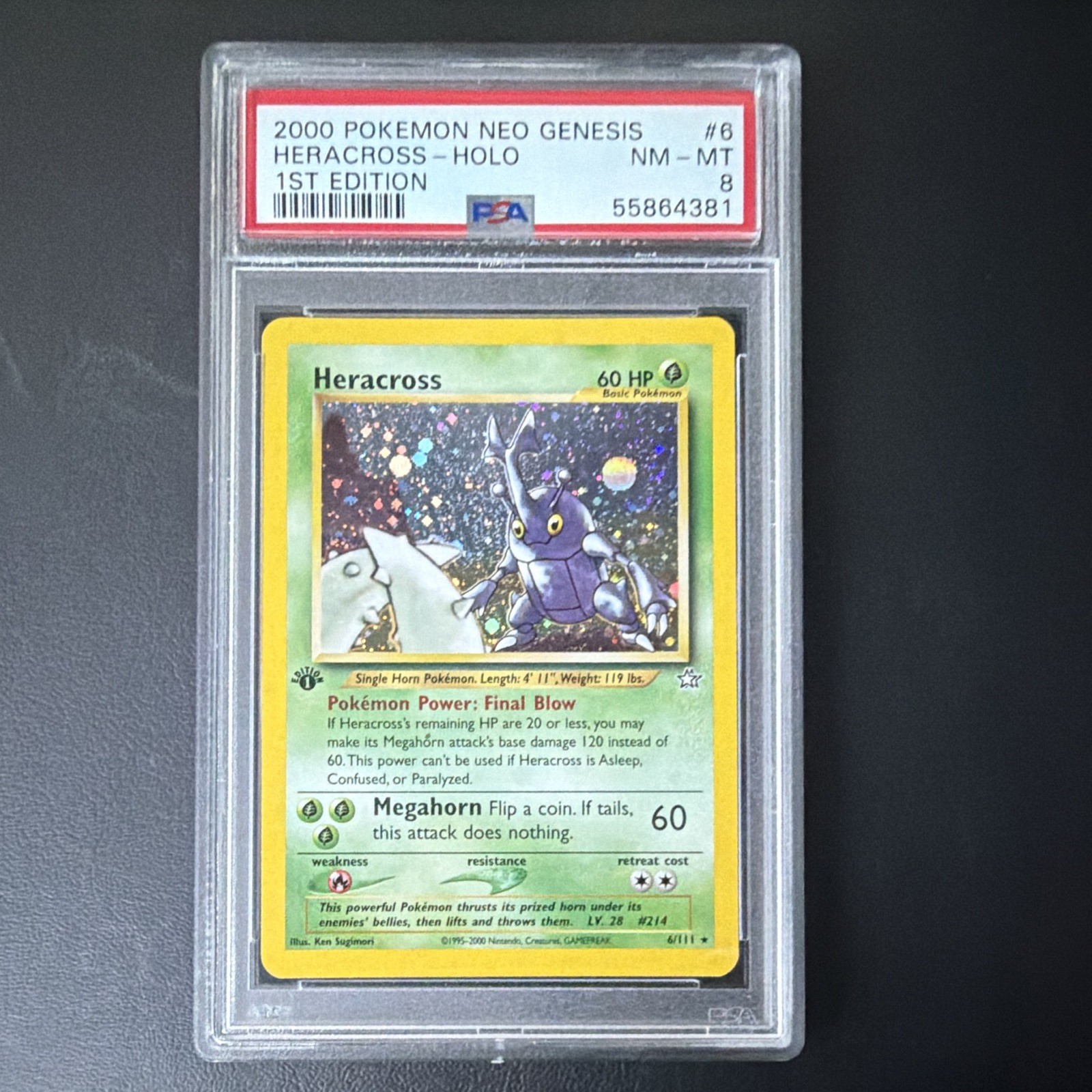 2000 Pokémon Neo Genesis 1st Edition Holo Heracross #6/111 PSA 8 Graded 2000 Pokémon Neo Genesis 1st Edition Holo Heracross #6/111 PSA 8 Graded