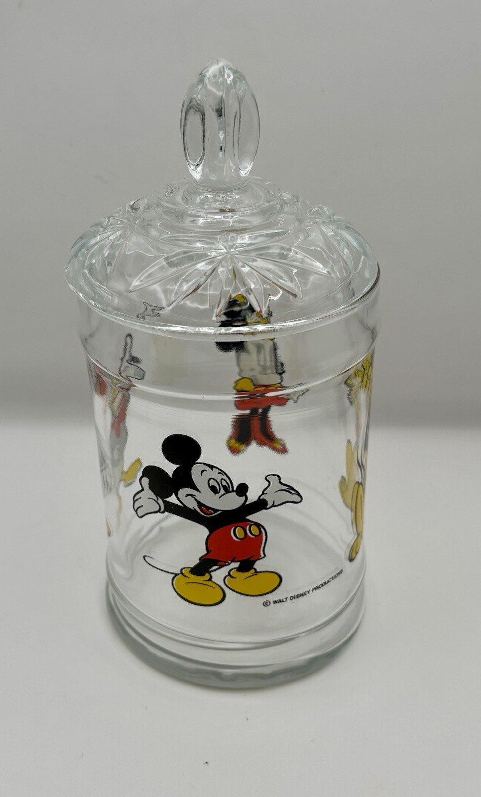 Vintage Walt Disney Productions Glass Candy Jar Lid Mickey Minnie Donald Pluto Vintage Walt Disney Productions Glass Candy Jar Lid Mickey Minnie Donald Pluto