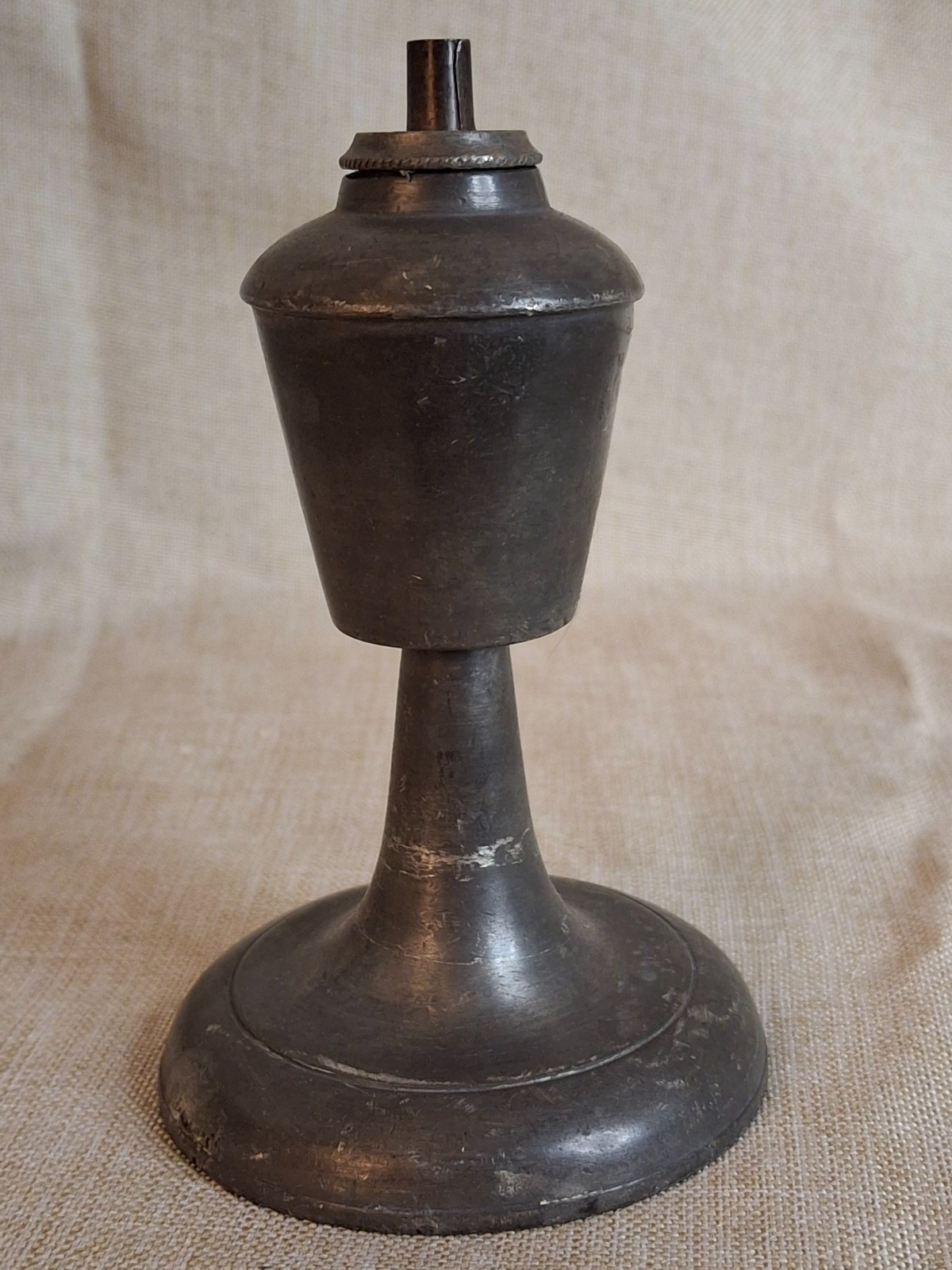 Antique Pewter Whale Oil Miniature Lamp Single Tube Burner Early American 1840s