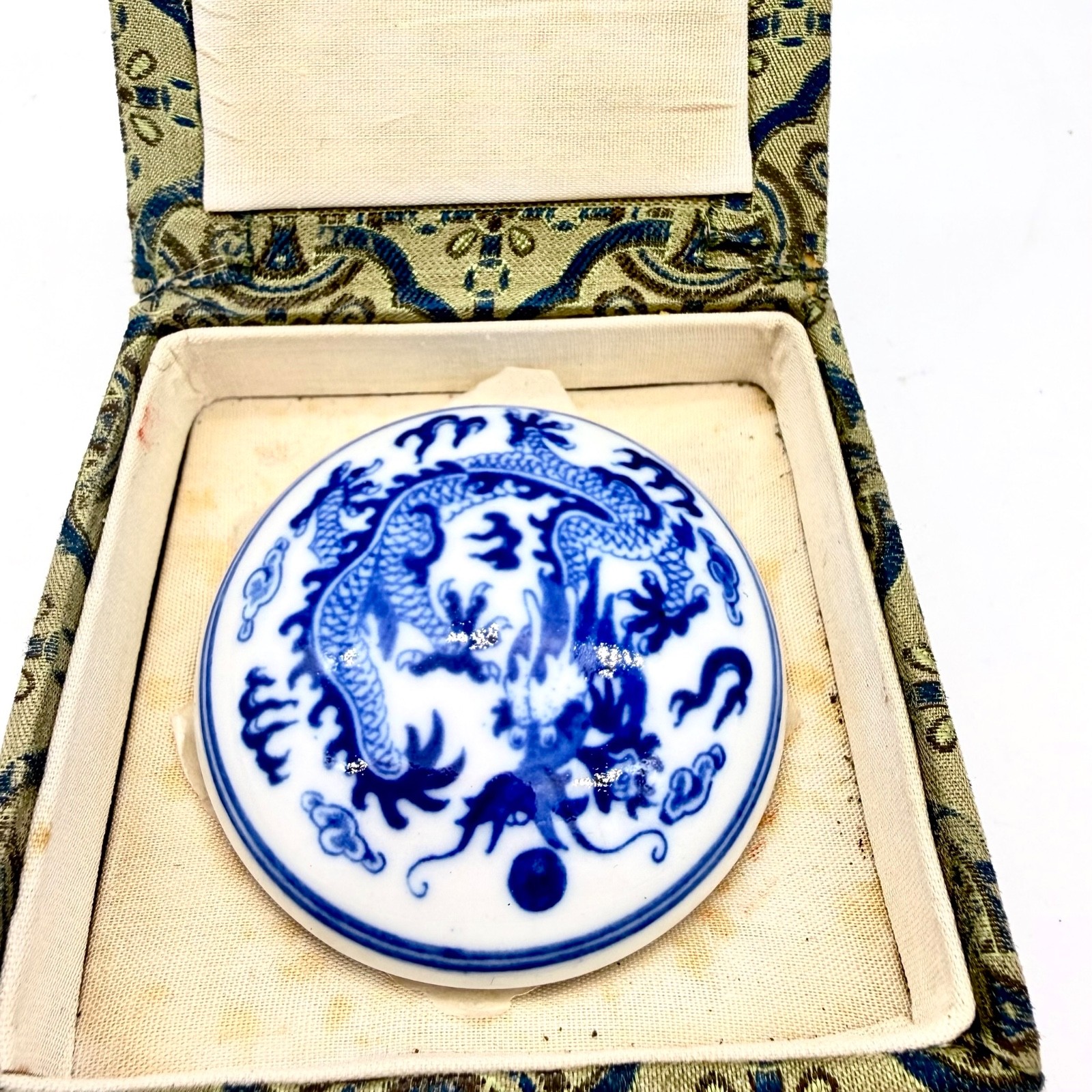 Vintage Chinese Blue White Porcelain Dragon Seal Paste Ink Box Qianlong Mark