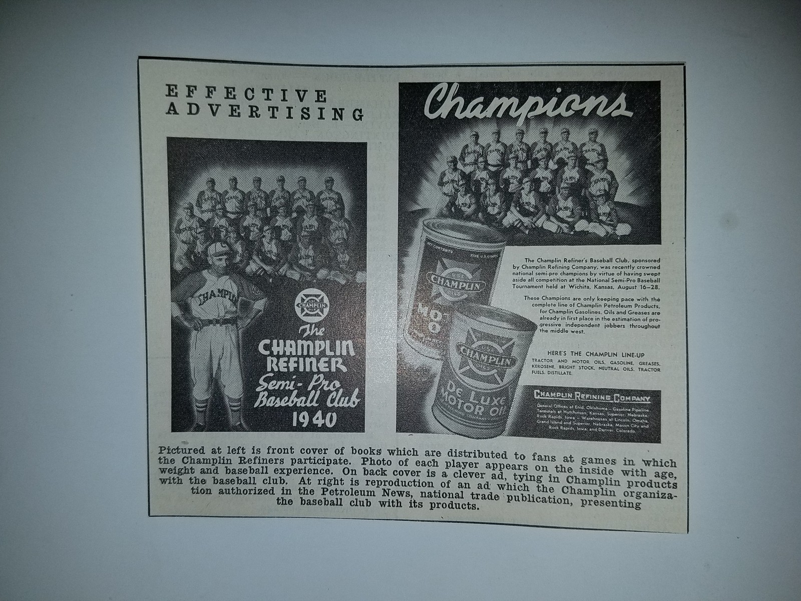 Champlin Refiners Enid Oklahoma 1941 Worth Team Advertisement Ad Monte Basgall Champlin Refiners Enid Oklahoma 1941 Worth Team Advertisement Ad Monte Basgall