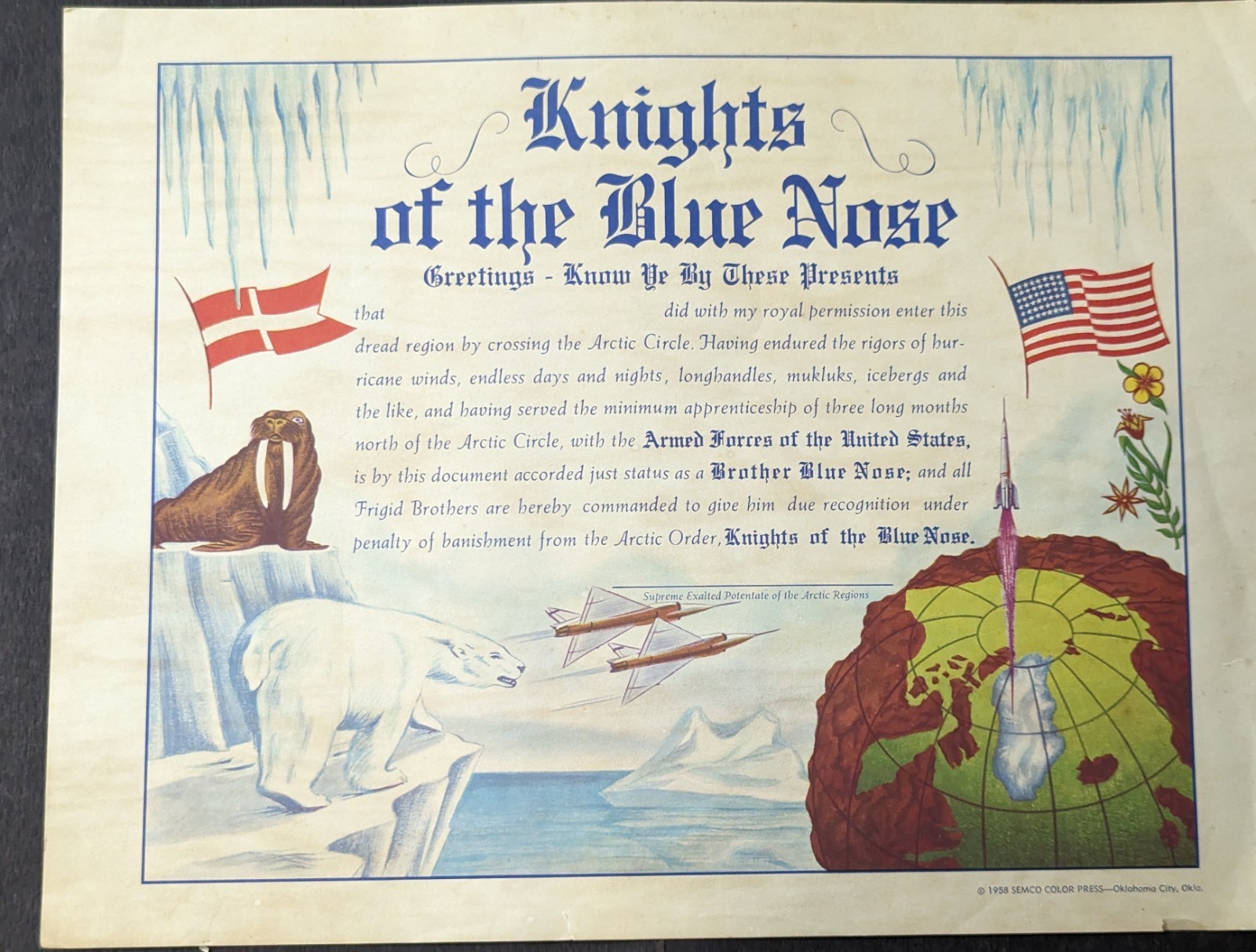 ***VINTAGE 1958 KNIGHTS OF THE BLUE NOSE CERTIFICATE***UNUSED ***VINTAGE 1958 KNIGHTS OF THE BLUE NOSE CERTIFICATE***UNUSED