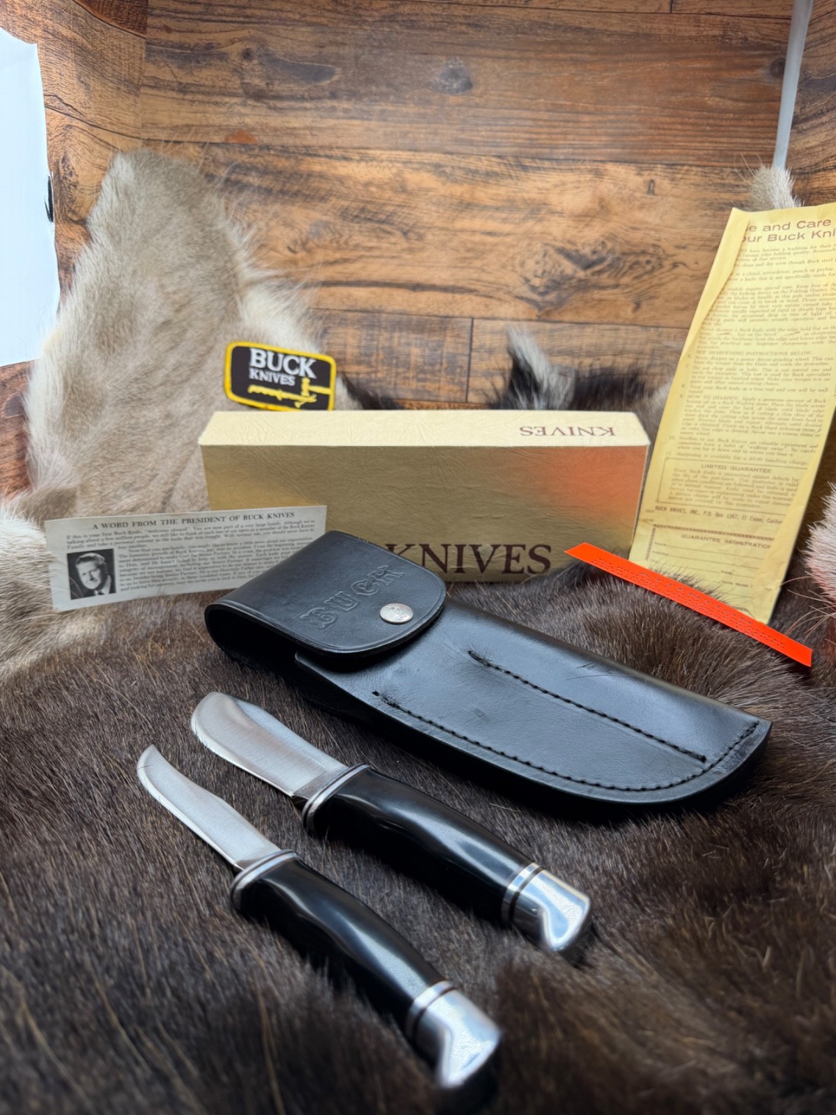 1970s Buck 104 Twin Set 103 102 Sportsman Fixed Blade Hunting Knife & Box