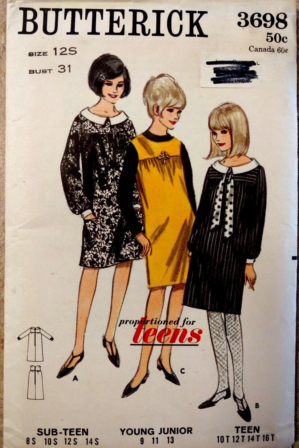 Vtg 1970\'s Butterick #3698 Smock-dress or Jumper High Square Yoke Sz 12S Bust 31