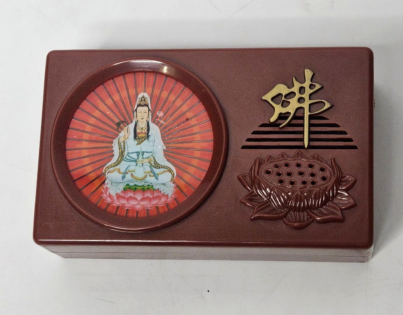 Vintage Buddha Box Mantra Chant Music Box With Kuan Yin Design & Lotus Motif Vintage Buddha Box Mantra Chant Music Box With Kuan Yin Design & Lotus Motif