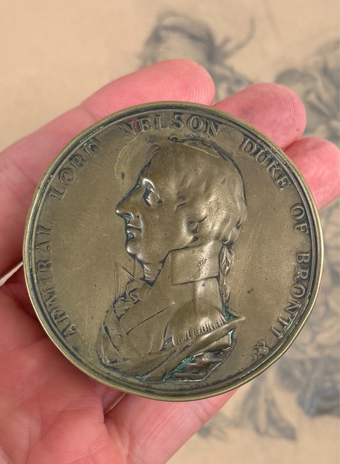 Antique Lord Nelson Portrait Brass Snuff Box Tobacco Early 19th C. English RARE