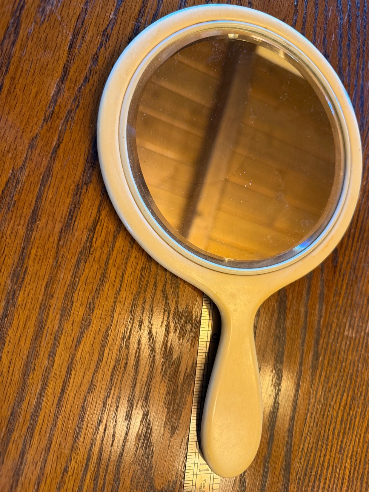 2-Vintage Bakelite French Ivory Hand Vanity Mirror Beveled Glass 2-Vintage Bakelite French Ivory Hand Vanity Mirror Beveled Glass