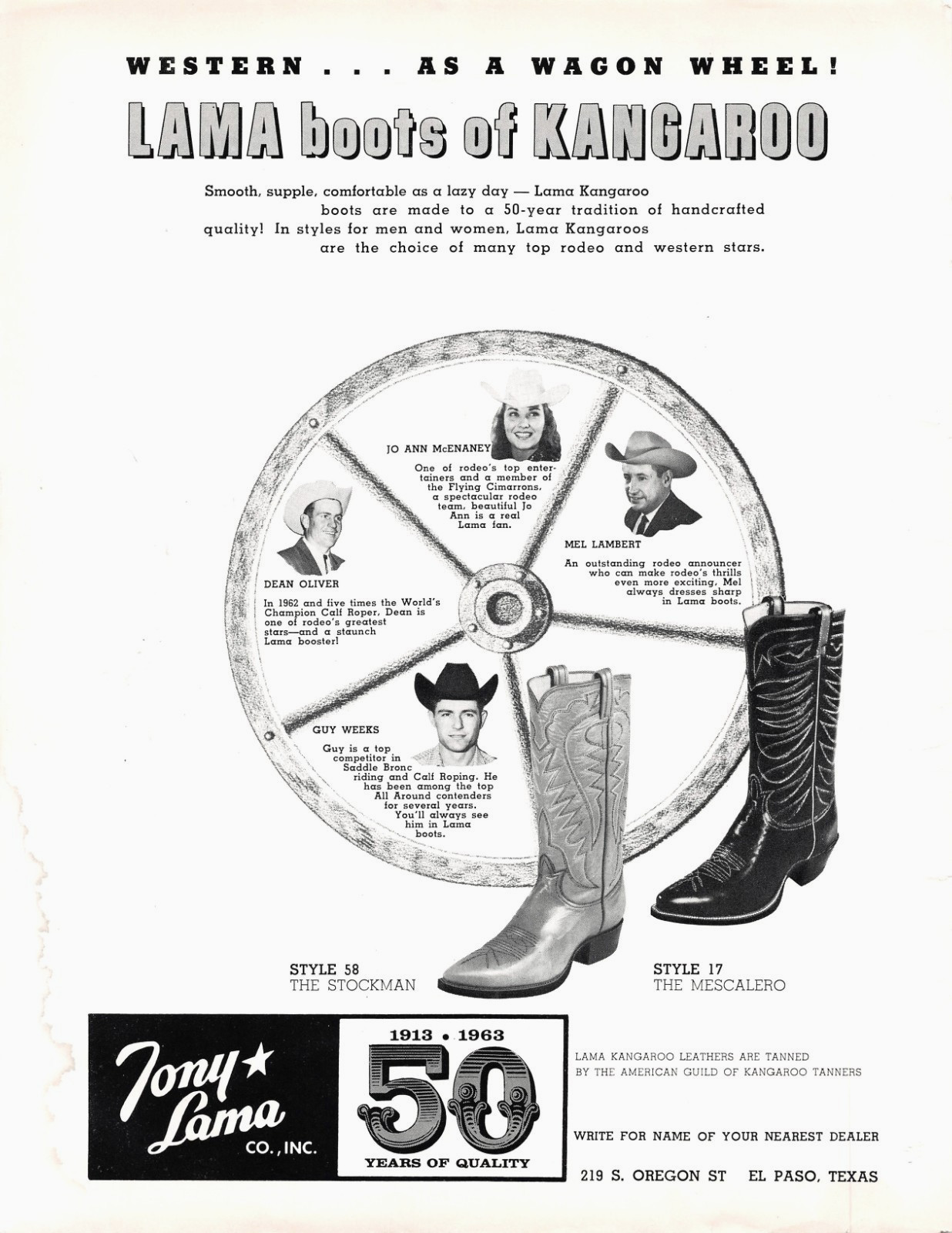 Tony Lama Kangaroo Cowboy Boots Rodeo Western Wear El Paso TX Vtg Mag Ad + Bonus